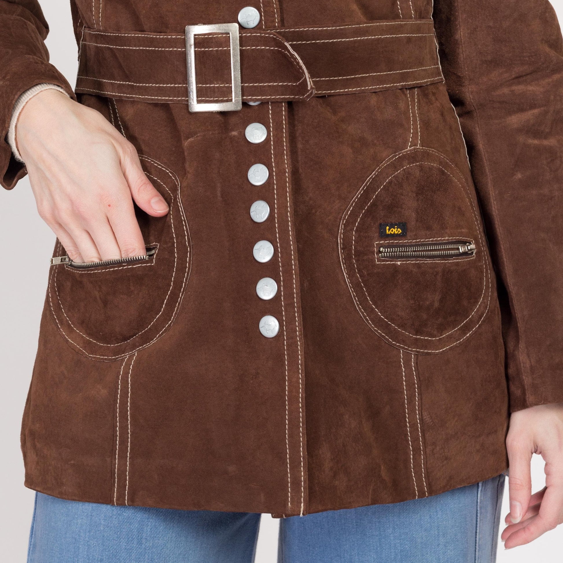 XS 70s Style Brown Suede Belted Jacket | Y2K Vintage Retro Snap Up Boho Mod Short Coat