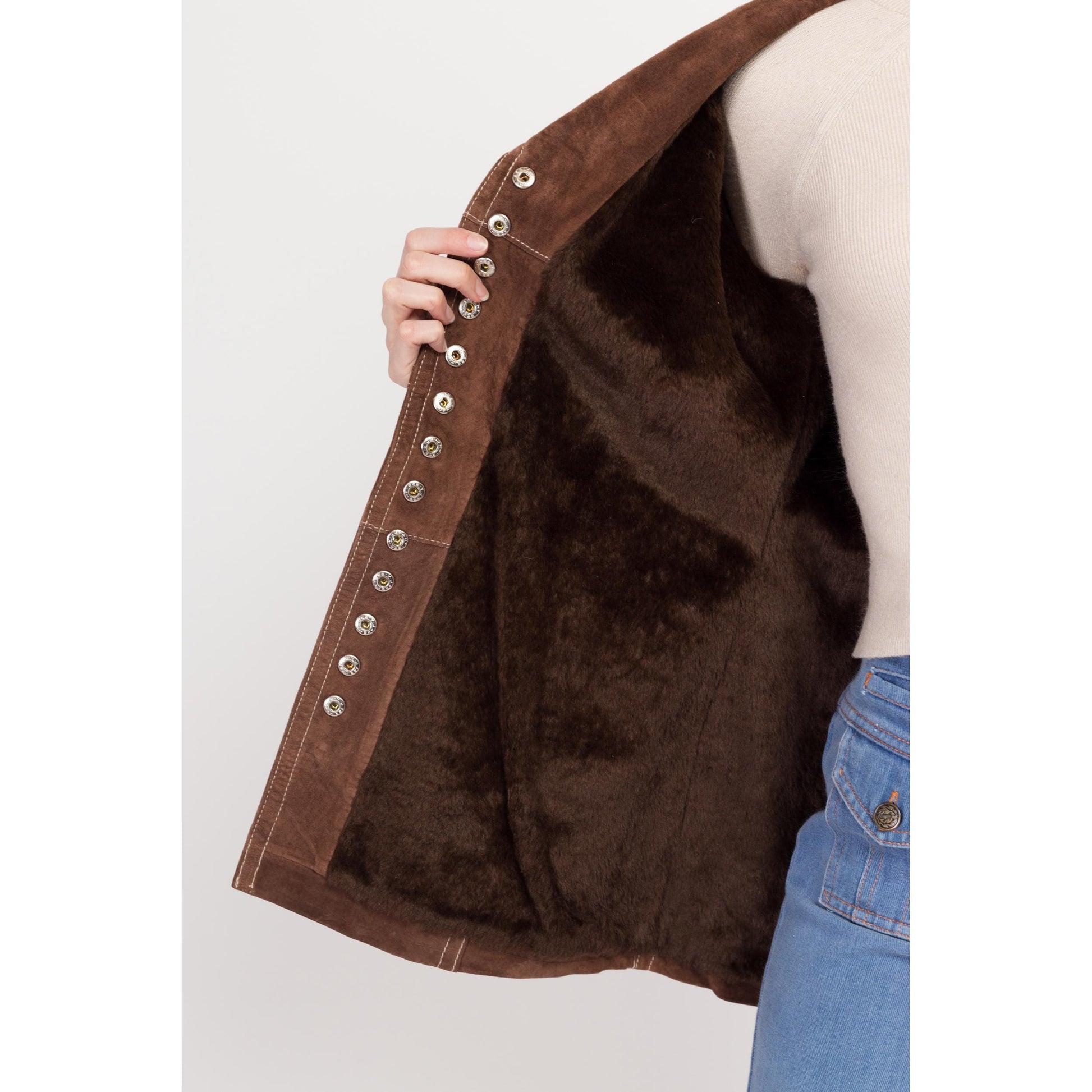 XS 70s Style Brown Suede Belted Jacket | Y2K Vintage Retro Snap Up Boho Mod Short Coat