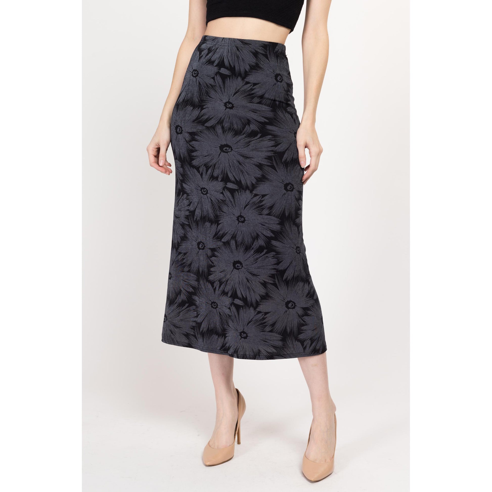 Small 90s Slinky Black & Grey Floral Midi Skirt | Vintage Grunge High Waisted Stretchy Ankle Length Skirt