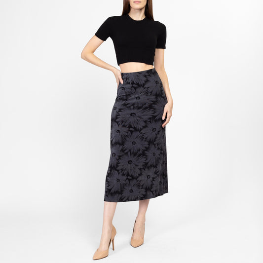 Small 90s Slinky Black & Grey Floral Midi Skirt | Vintage Grunge High Waisted Stretchy Ankle Length Skirt