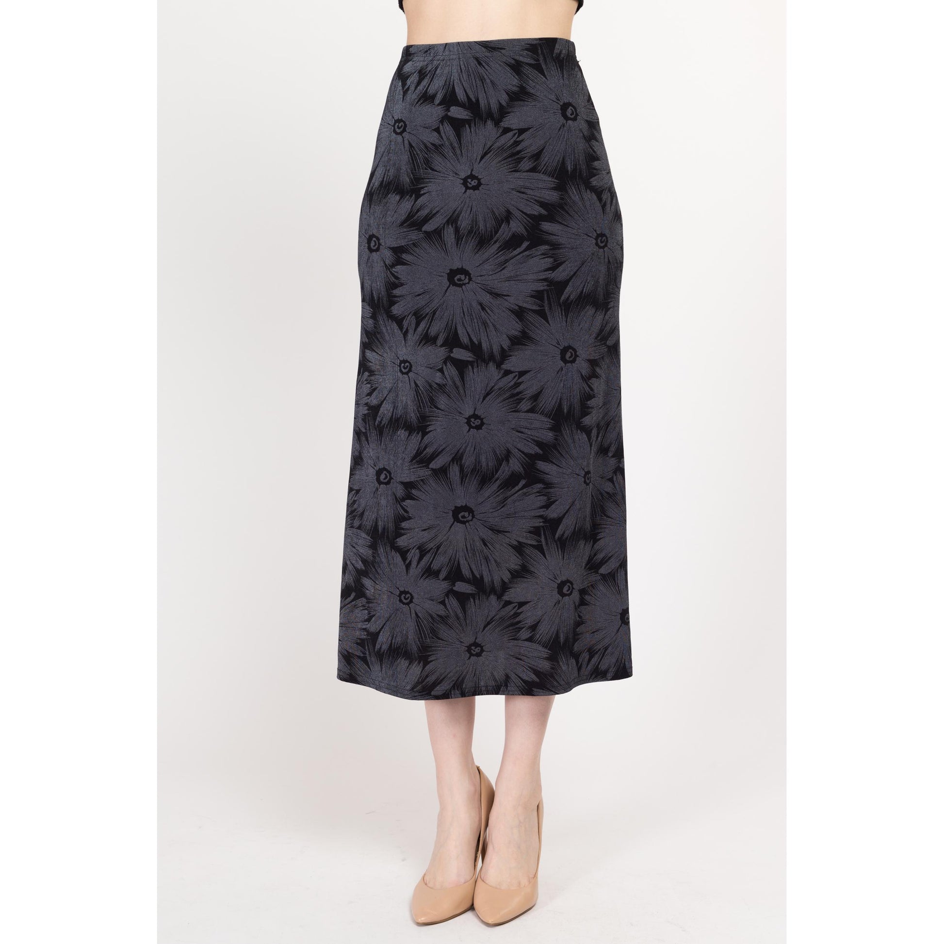 Small 90s Slinky Black & Grey Floral Midi Skirt | Vintage Grunge High Waisted Stretchy Ankle Length Skirt