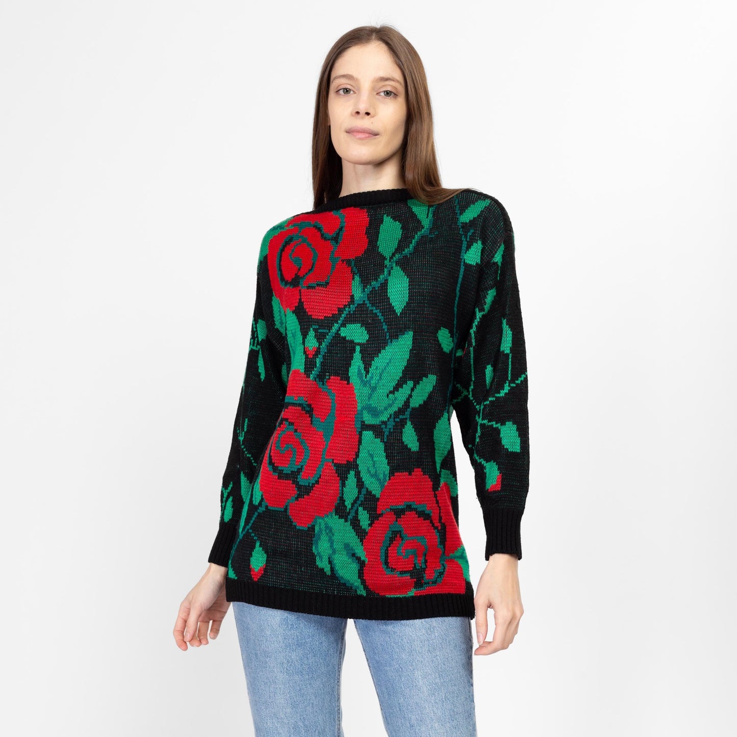 Small 80s Rose Floral Sweater | Vintage Red Black Green Knit Long Pullover