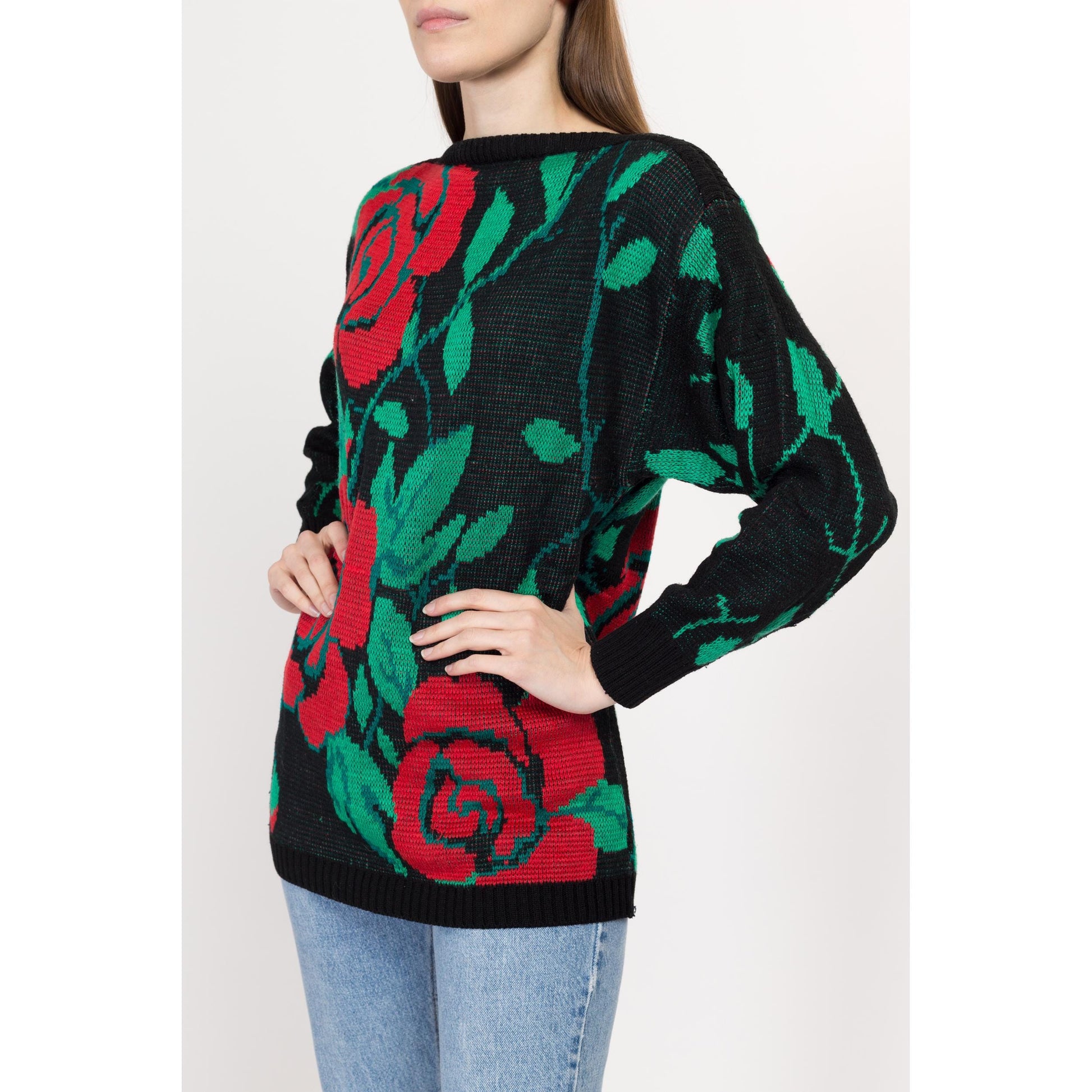 Small 80s Rose Floral Sweater | Vintage Red Black Green Knit Long Pullover