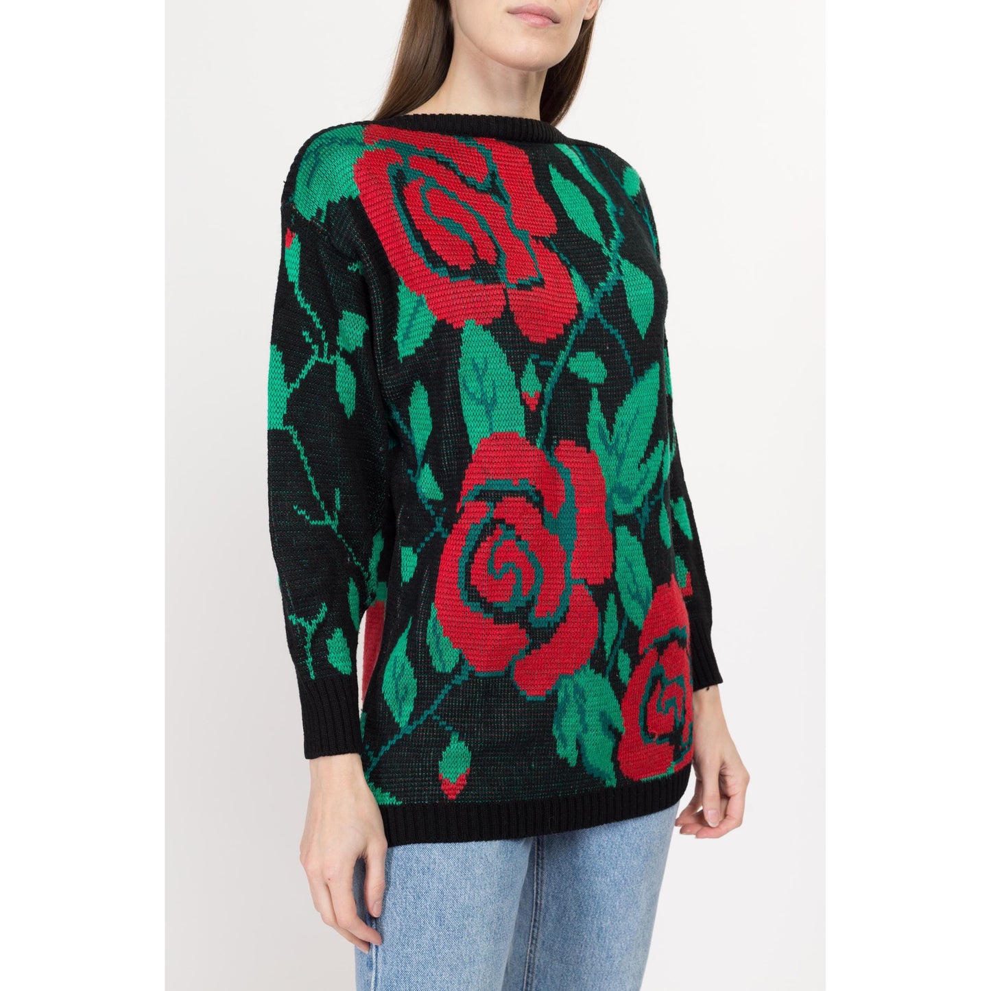 Small 80s Rose Floral Sweater | Vintage Red Black Green Knit Long Pullover