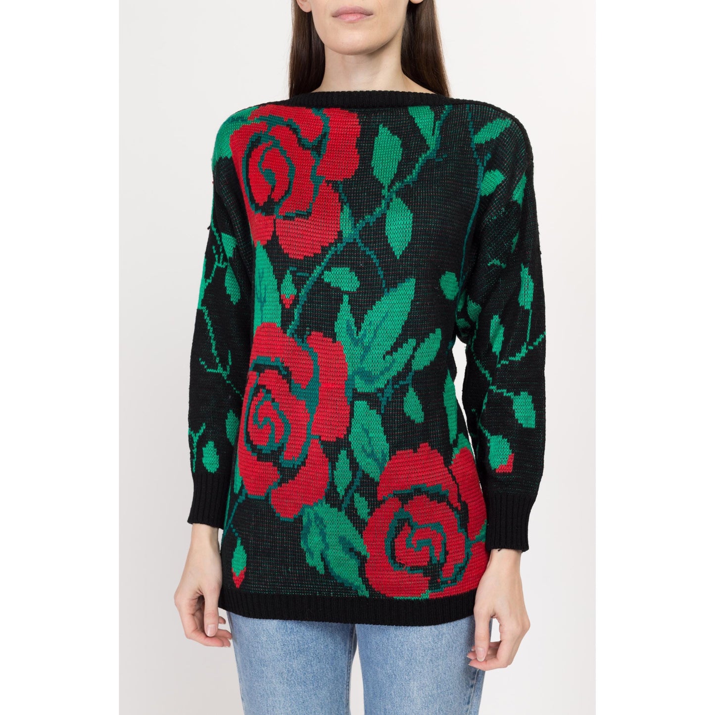 Small 80s Rose Floral Sweater | Vintage Red Black Green Knit Long Pullover