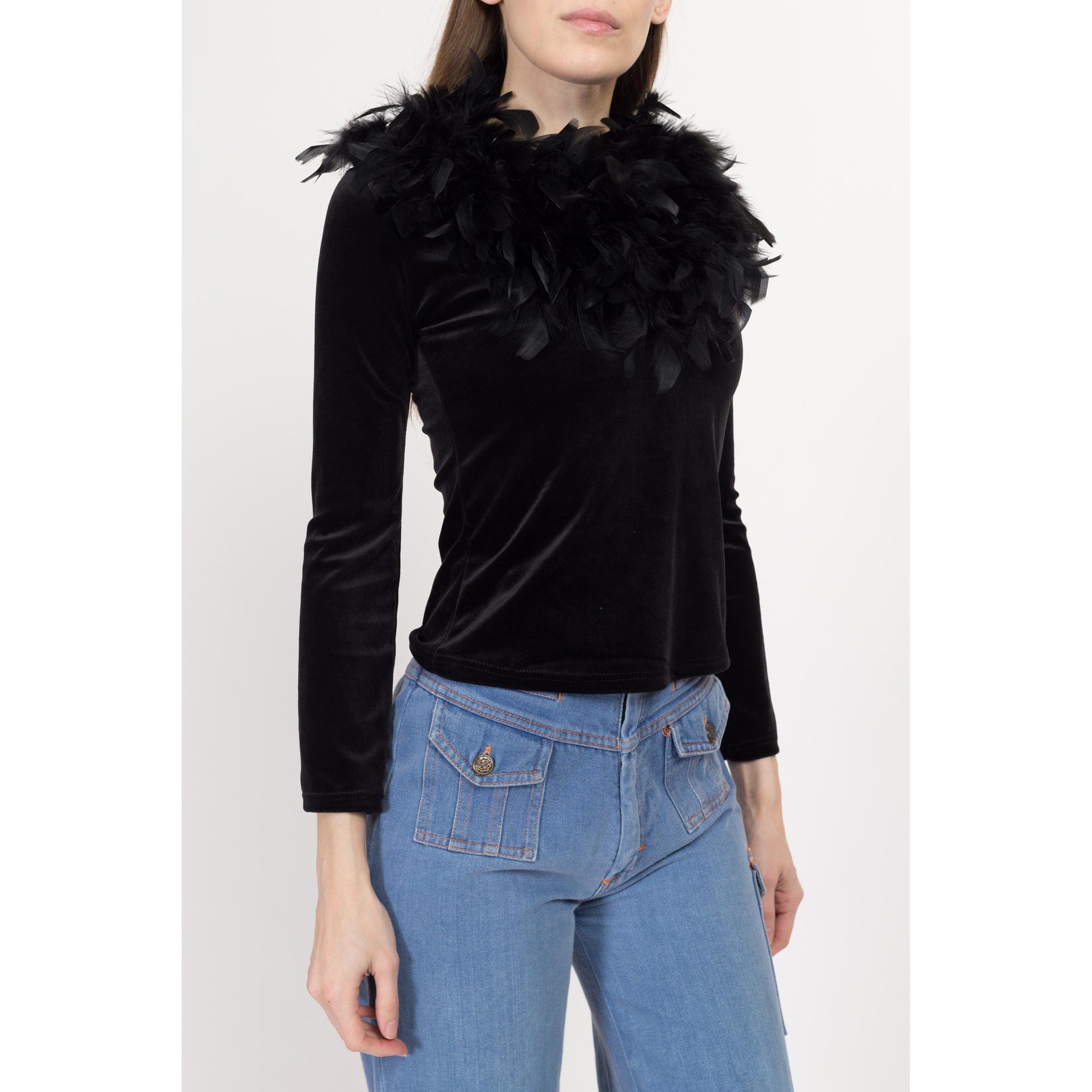 XS 90s Black Velvet Marabou Feather Collar Top | Vintage Maximalist Long Sleeve Blouse