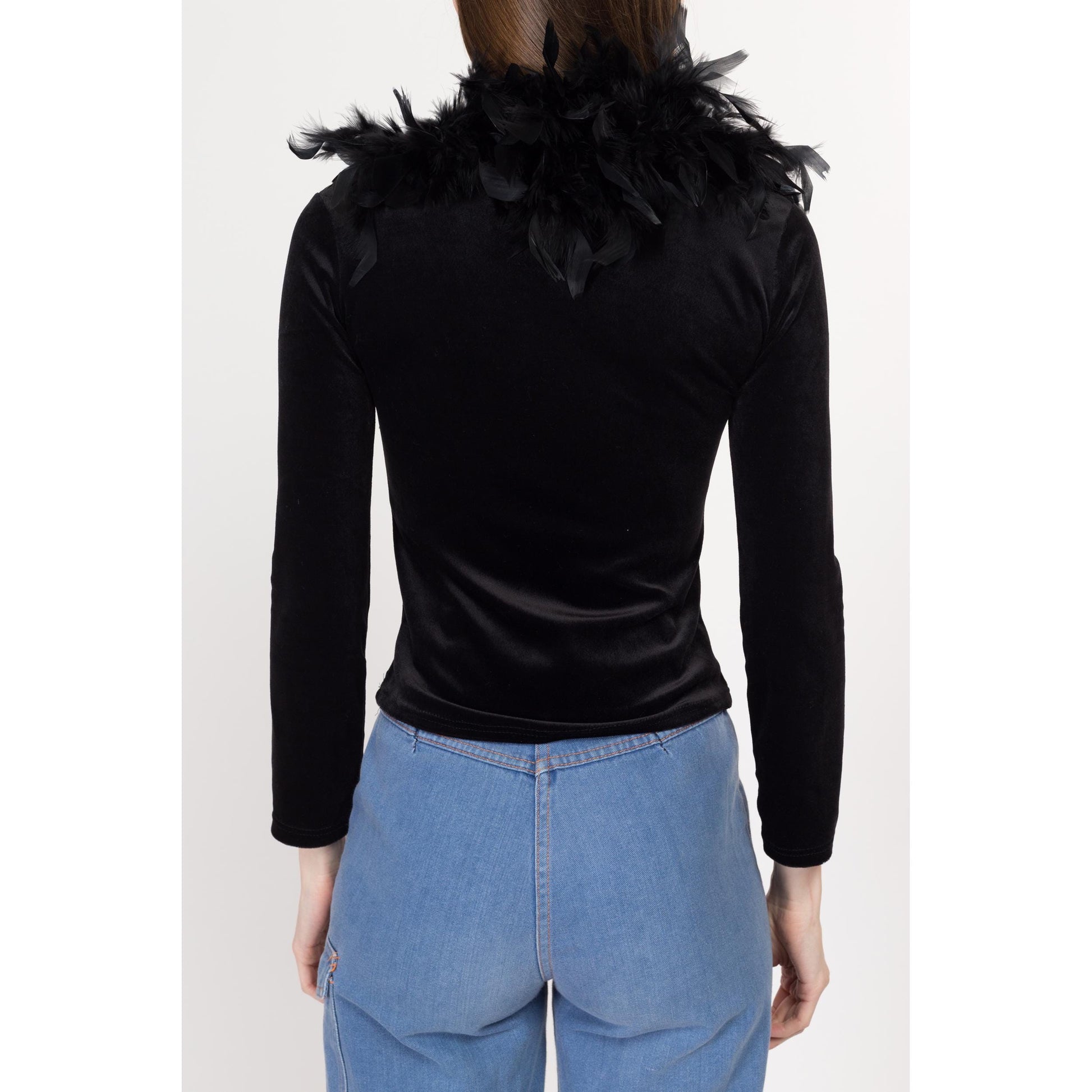 XS 90s Black Velvet Marabou Feather Collar Top | Vintage Maximalist Long Sleeve Blouse