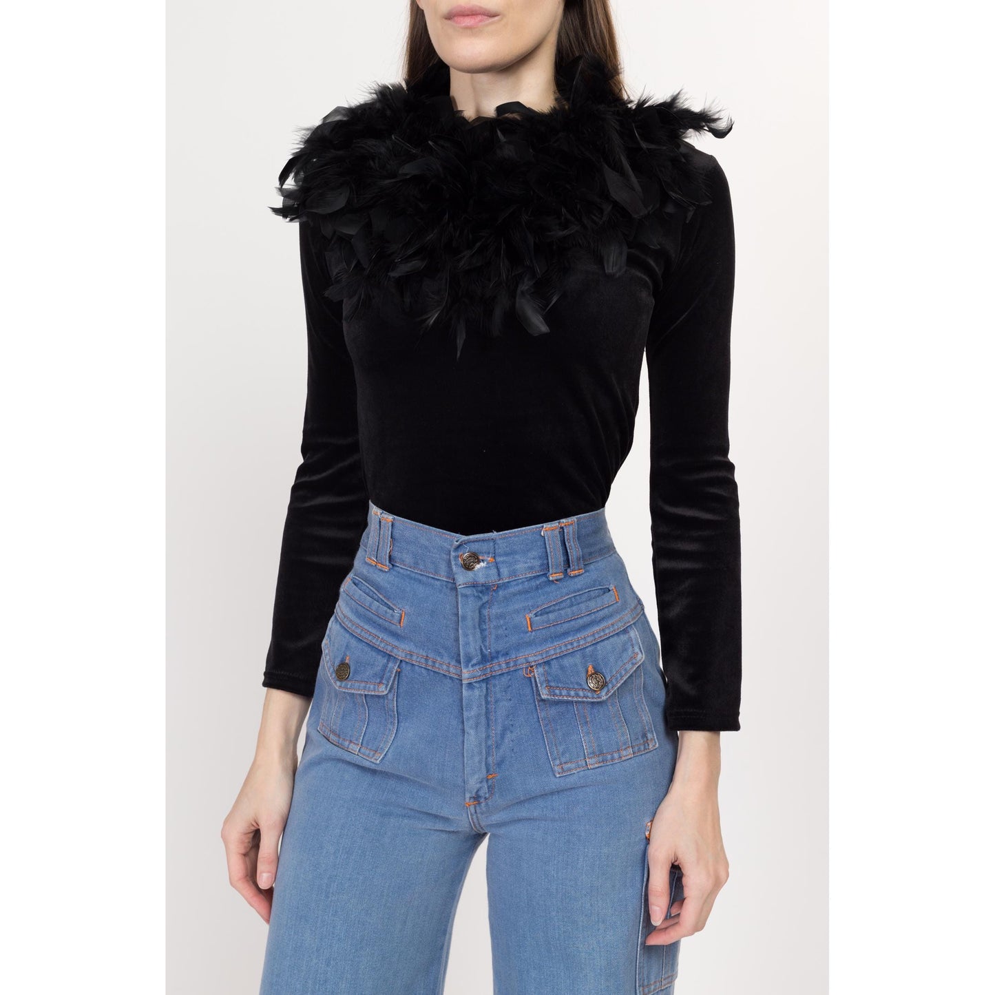 XS 90s Black Velvet Marabou Feather Collar Top | Vintage Maximalist Long Sleeve Blouse