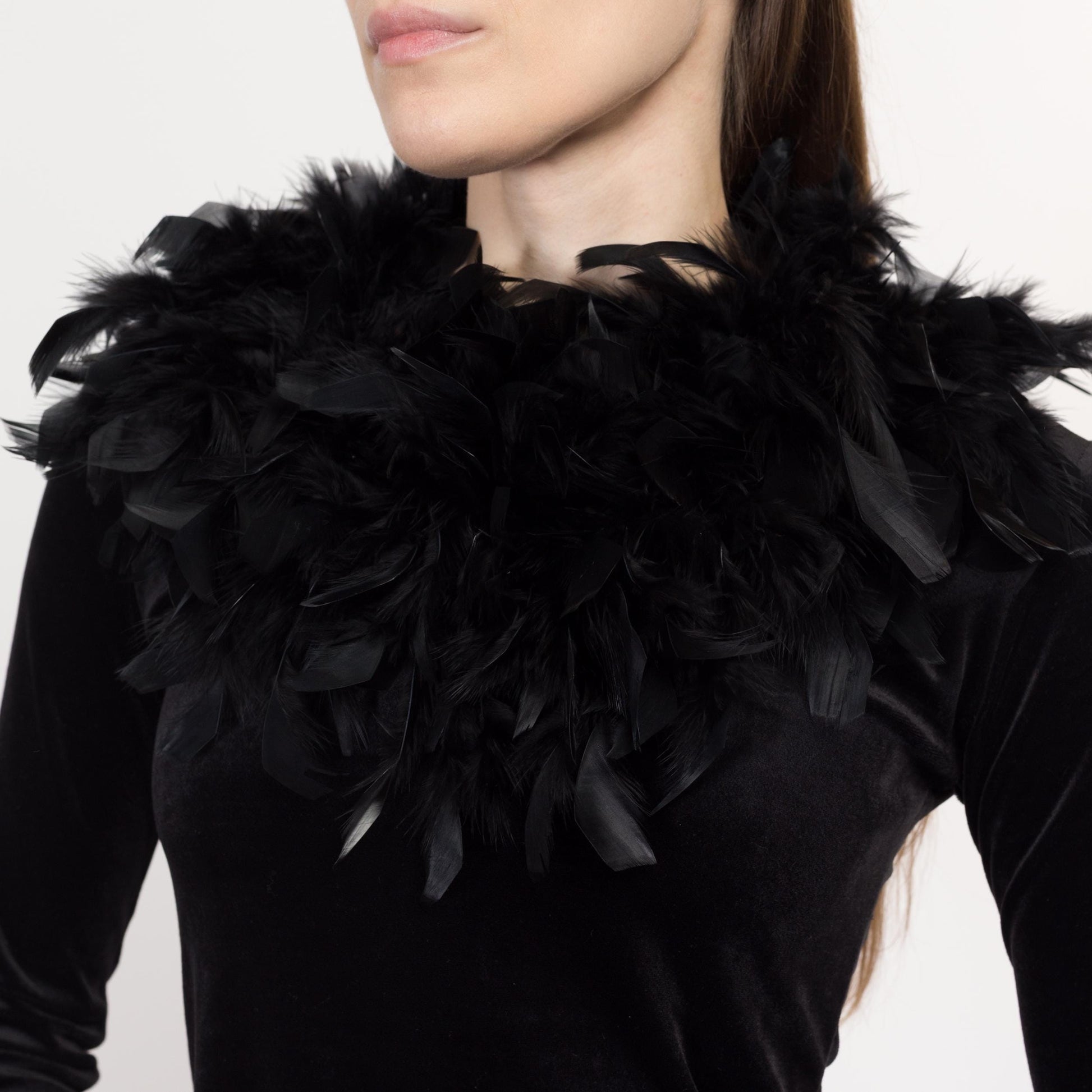 XS 90s Black Velvet Marabou Feather Collar Top | Vintage Maximalist Long Sleeve Blouse