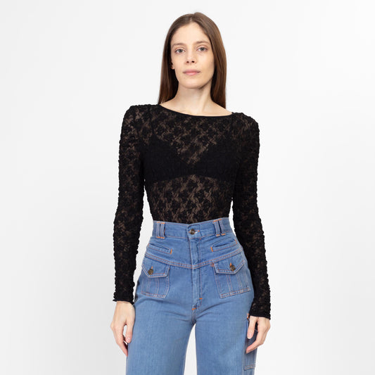 Small Y2K Sheer Black Popcorn Lace Low Back Bodysuit | Vintage Long Sleeve High Hip Stretchy One Piece