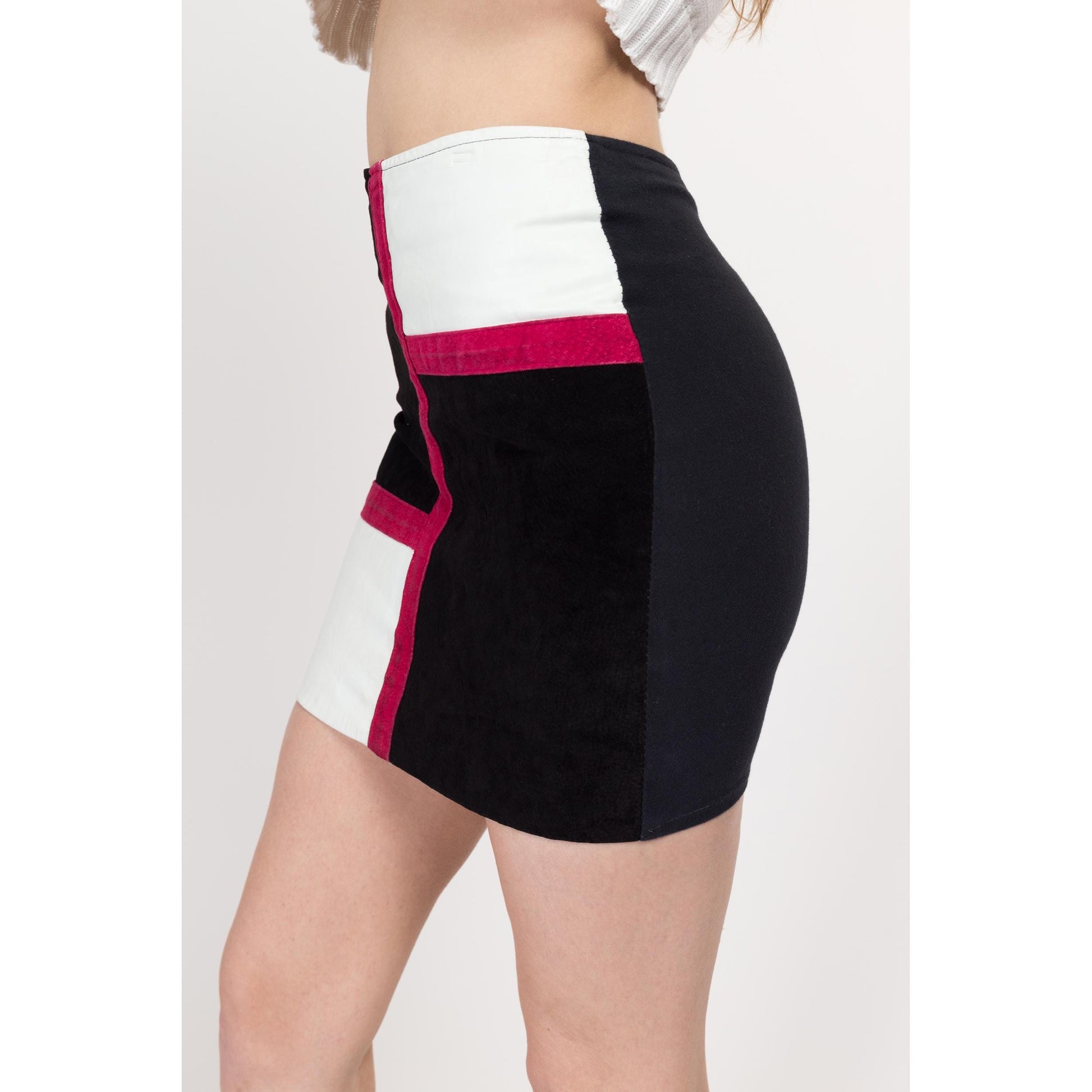 XS 90s Suede Leather Color Block Fitted Mini Skirt | Vintage High Waisted Rocker Pencil Skirt