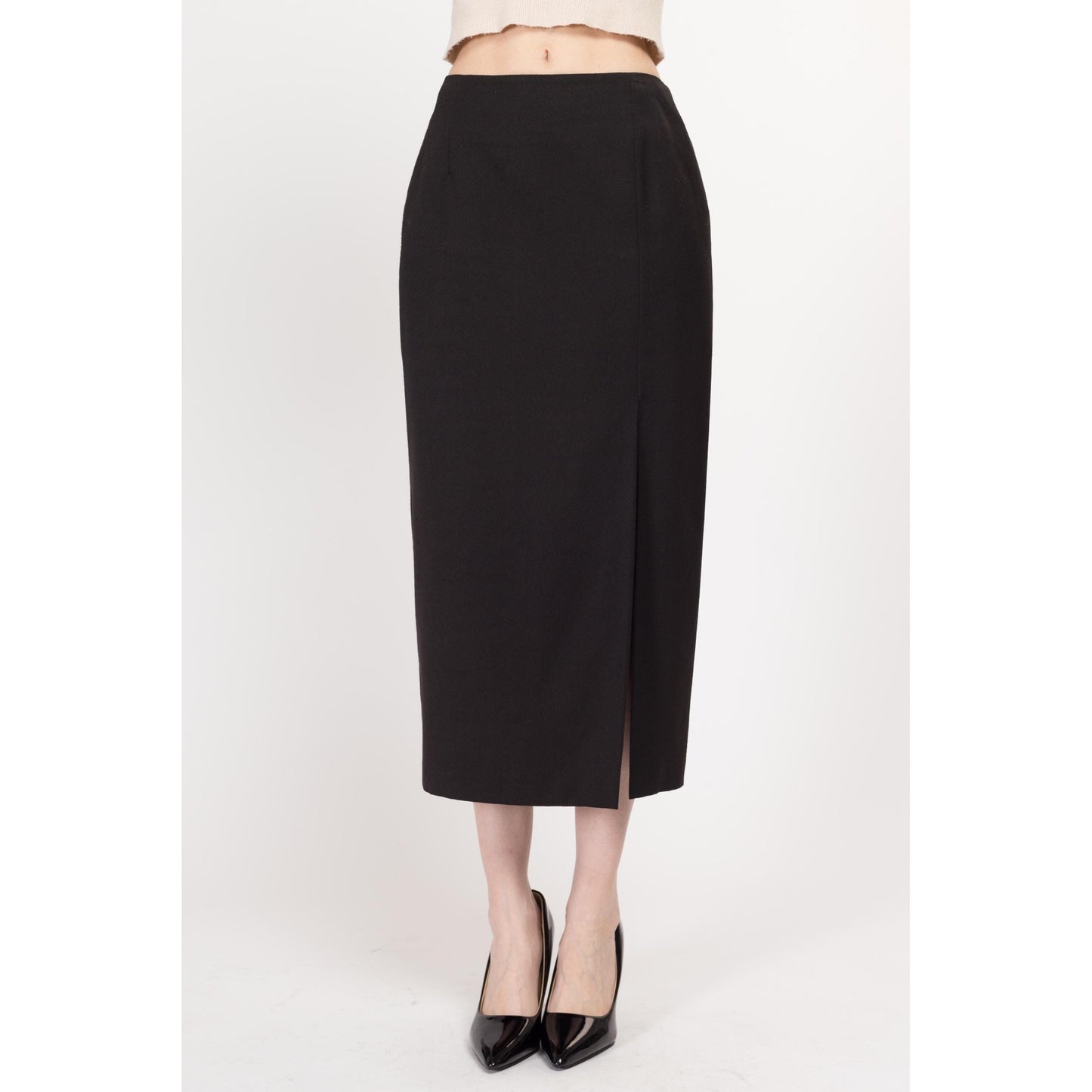 Small 90s Charcoal Black Thigh Slit Midi Skirt Size 6 | Vintage High Waisted Fitted Pencil Skirt