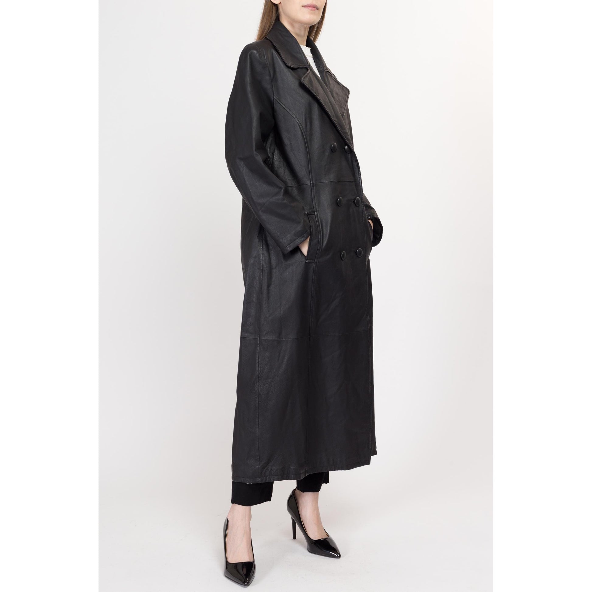 Medium 90s Minimalist Black Leather Maxi Jacket | Vintage Double Breasted Long Trench Coat