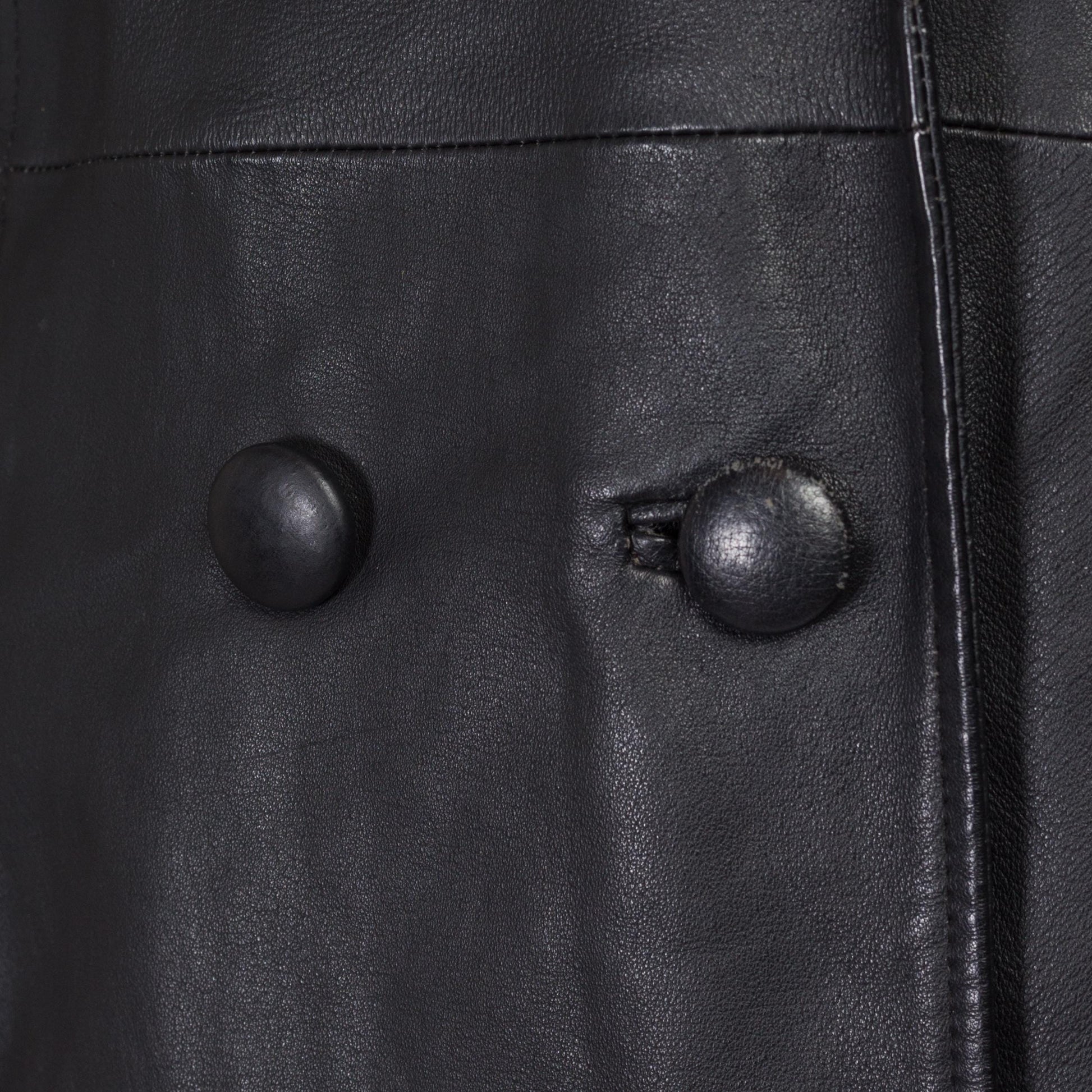 Medium 90s Minimalist Black Leather Maxi Jacket | Vintage Double Breasted Long Trench Coat