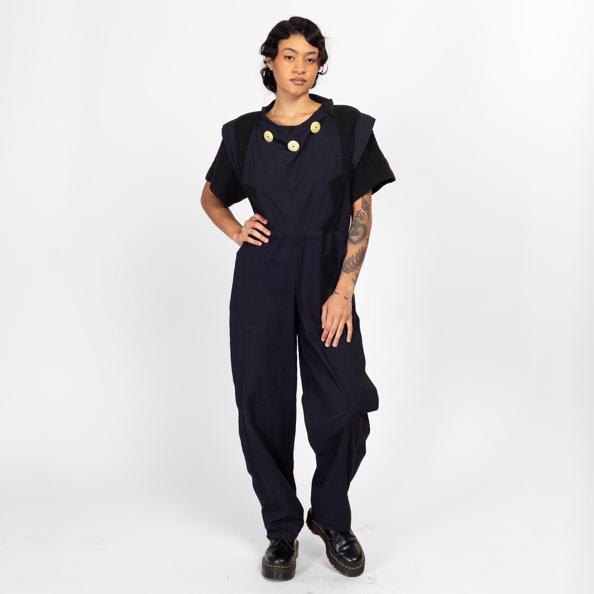 Small 80s Gothic New Wave Black Oversized Jumpsuit | Vintage Short Sleeve Cotton Flight Suit