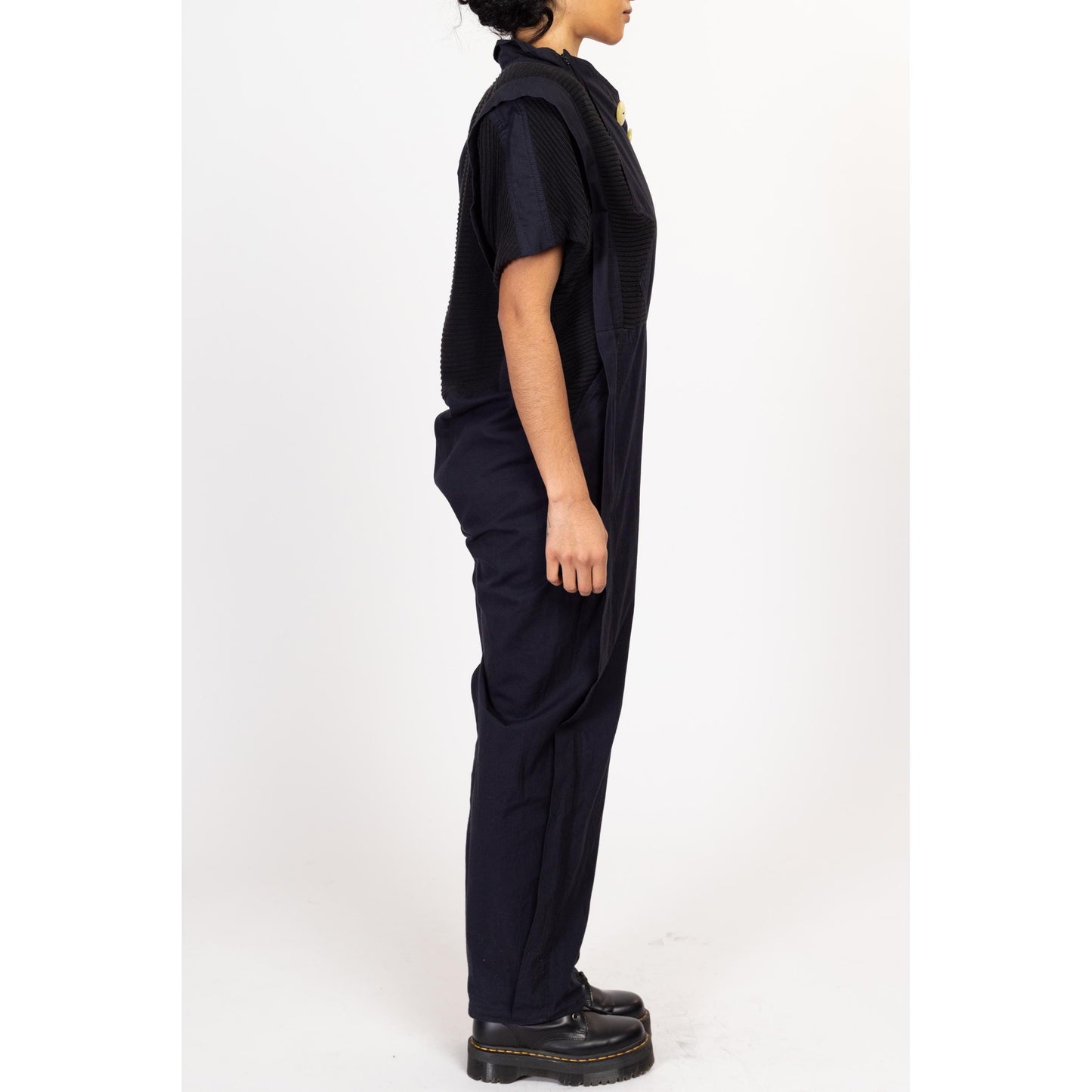 Small 80s Gothic New Wave Black Oversized Jumpsuit | Vintage Short Sleeve Cotton Flight Suit