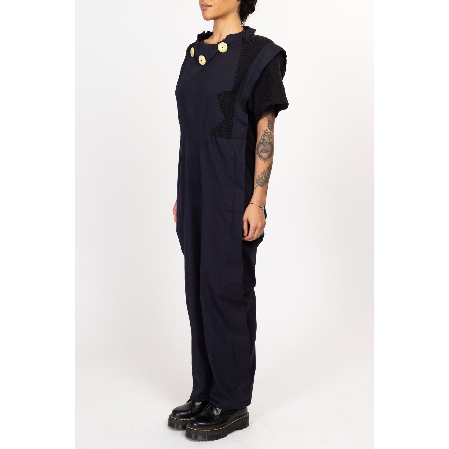 Small 80s Gothic New Wave Black Oversized Jumpsuit | Vintage Short Sleeve Cotton Flight Suit