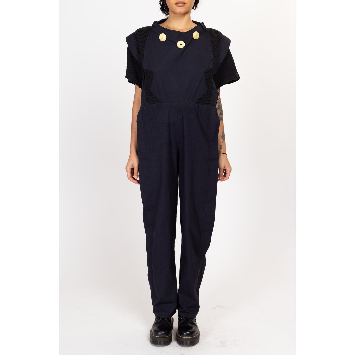 Small 80s Gothic New Wave Black Oversized Jumpsuit | Vintage Short Sleeve Cotton Flight Suit