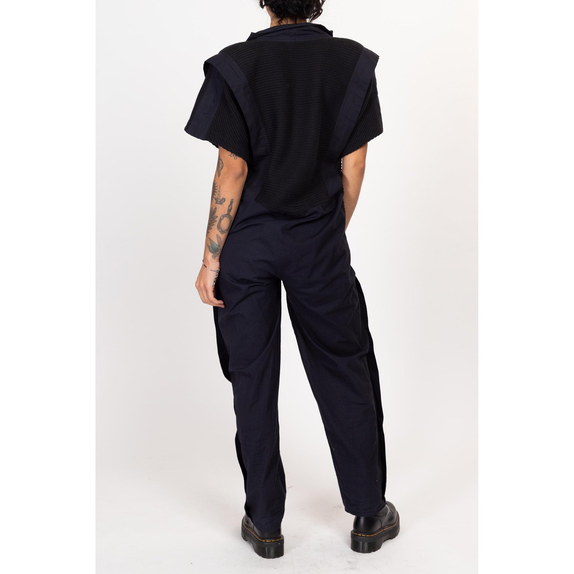 Small 80s Gothic New Wave Black Oversized Jumpsuit | Vintage Short Sleeve Cotton Flight Suit