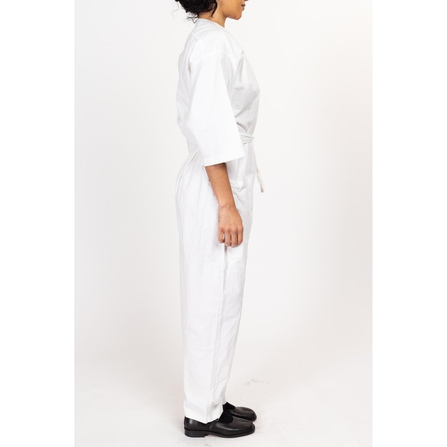 Small 90s Diane Von Furstenberg White Cotton Jumpsuit | Vintage Minimalist Fitted Waist Long Sleeve Button Up Coveralls