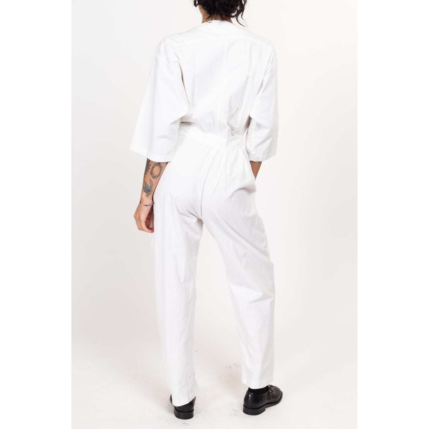 Small 90s Diane Von Furstenberg White Cotton Jumpsuit | Vintage Minimalist Fitted Waist Long Sleeve Button Up Coveralls