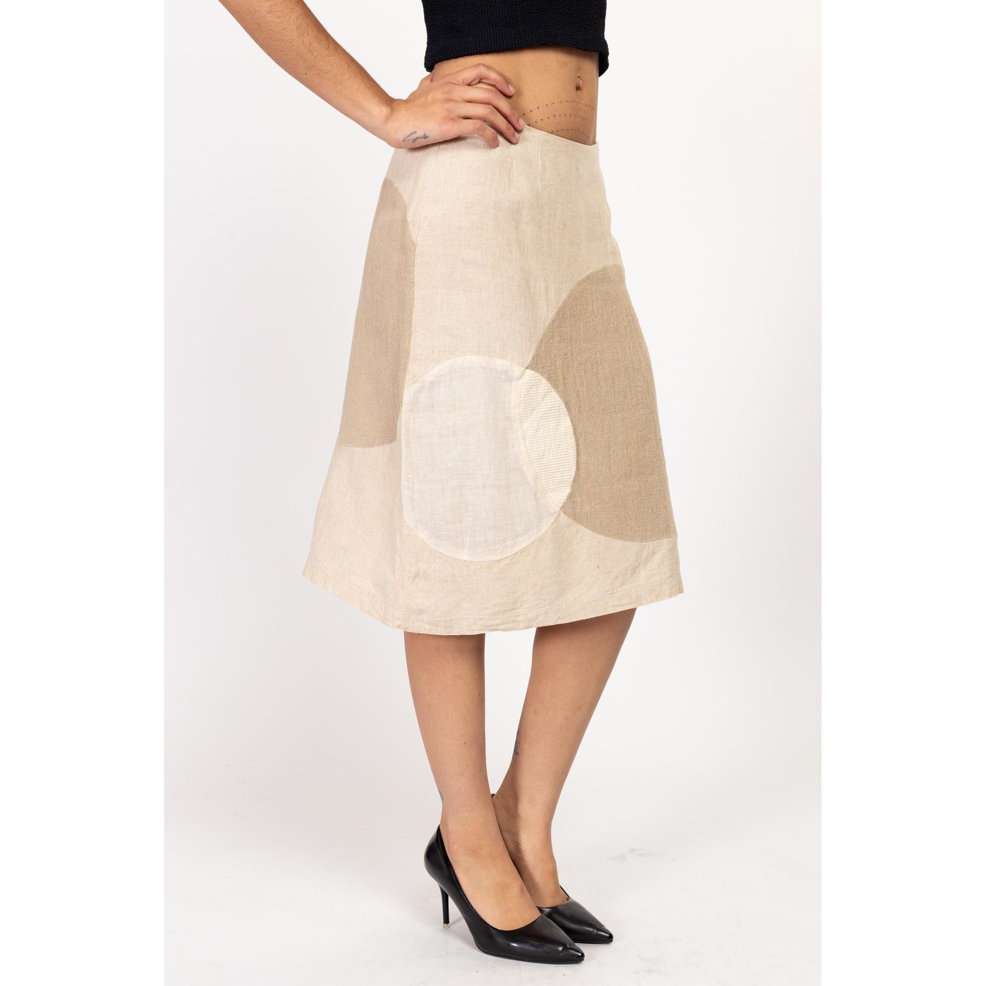 Medium 90s Earth Tone Linen Color Block Midi Skirt 29" | Vintage High Waist A Line Minimalist Skirt