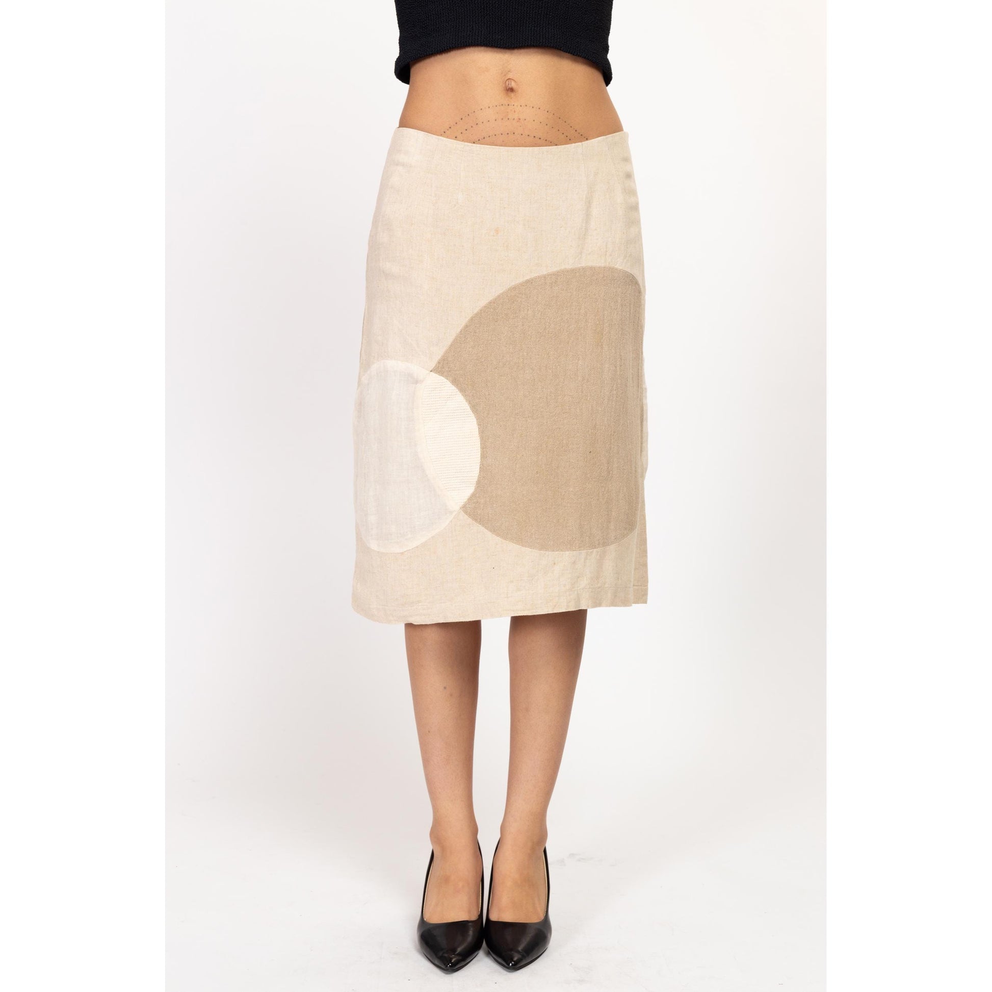 Medium 90s Earth Tone Linen Color Block Midi Skirt 29" | Vintage High Waist A Line Minimalist Skirt