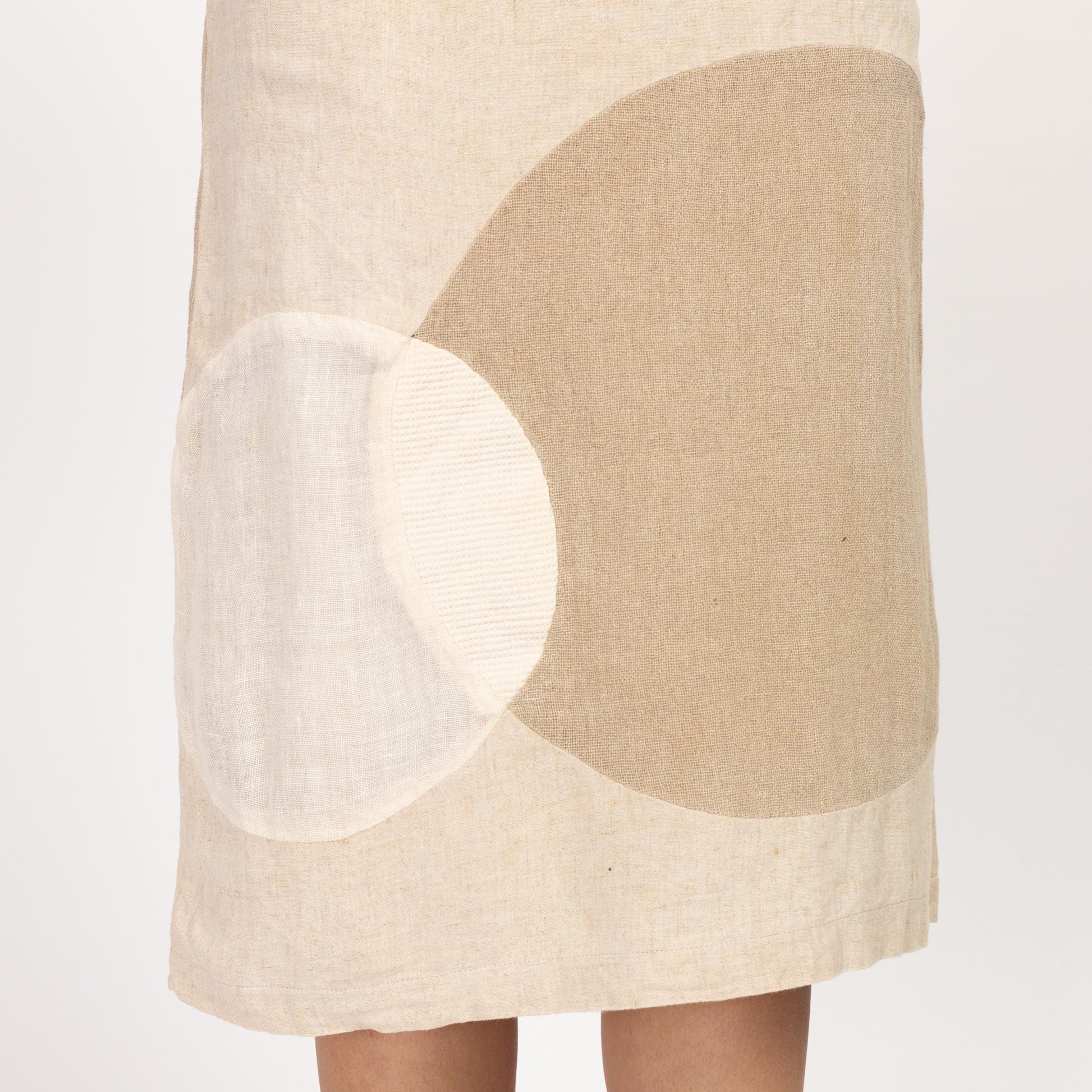 Medium 90s Earth Tone Linen Color Block Midi Skirt 29" | Vintage High Waist A Line Minimalist Skirt