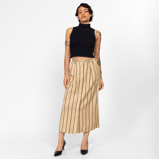 Small 90s Striped Oatmeal Linen Maxi Skirt 27" | Vintage Minimalist High Waisted Pocket Skirt