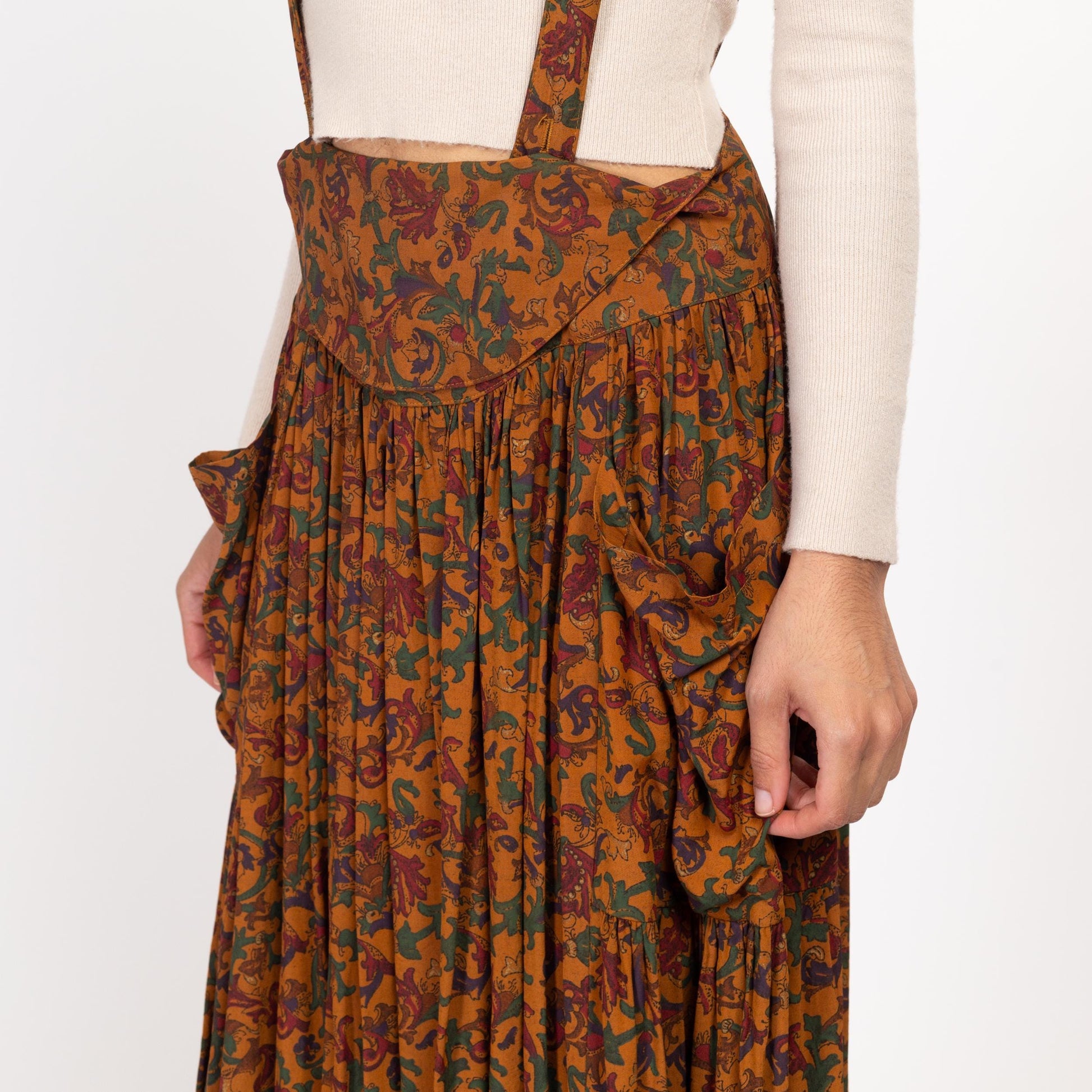 Large 80s Boho Floral Pinafore Suspender Dress | Vintage Burnt Orange Sleeveless Pocket Maxi Dress