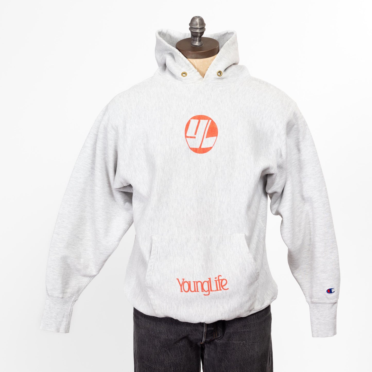 XL 90s Young life Champion Reverse Weave Hoodie | Vintage Heather Grey Christian Graphic Hooded Sweatshirt