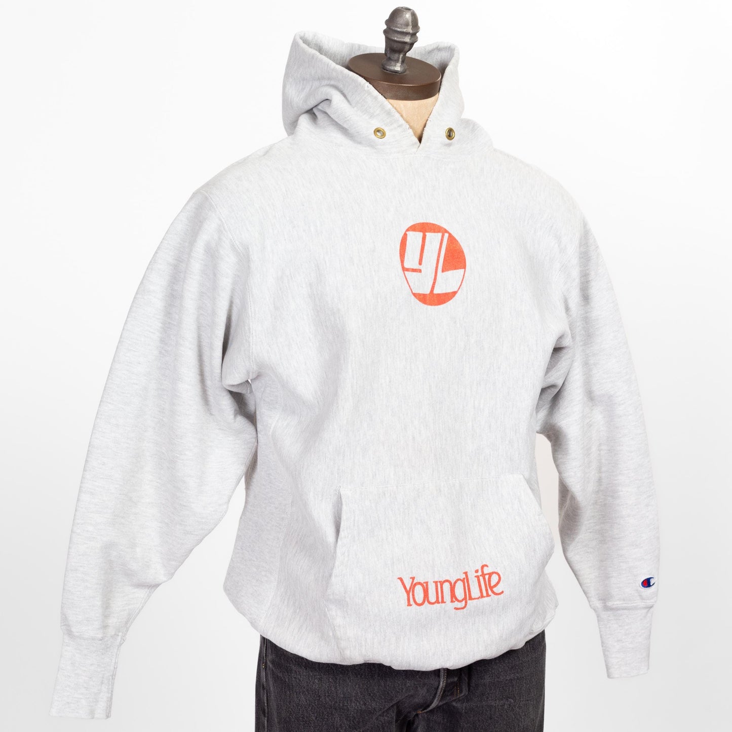 XL 90s Young life Champion Reverse Weave Hoodie | Vintage Heather Grey Christian Graphic Hooded Sweatshirt