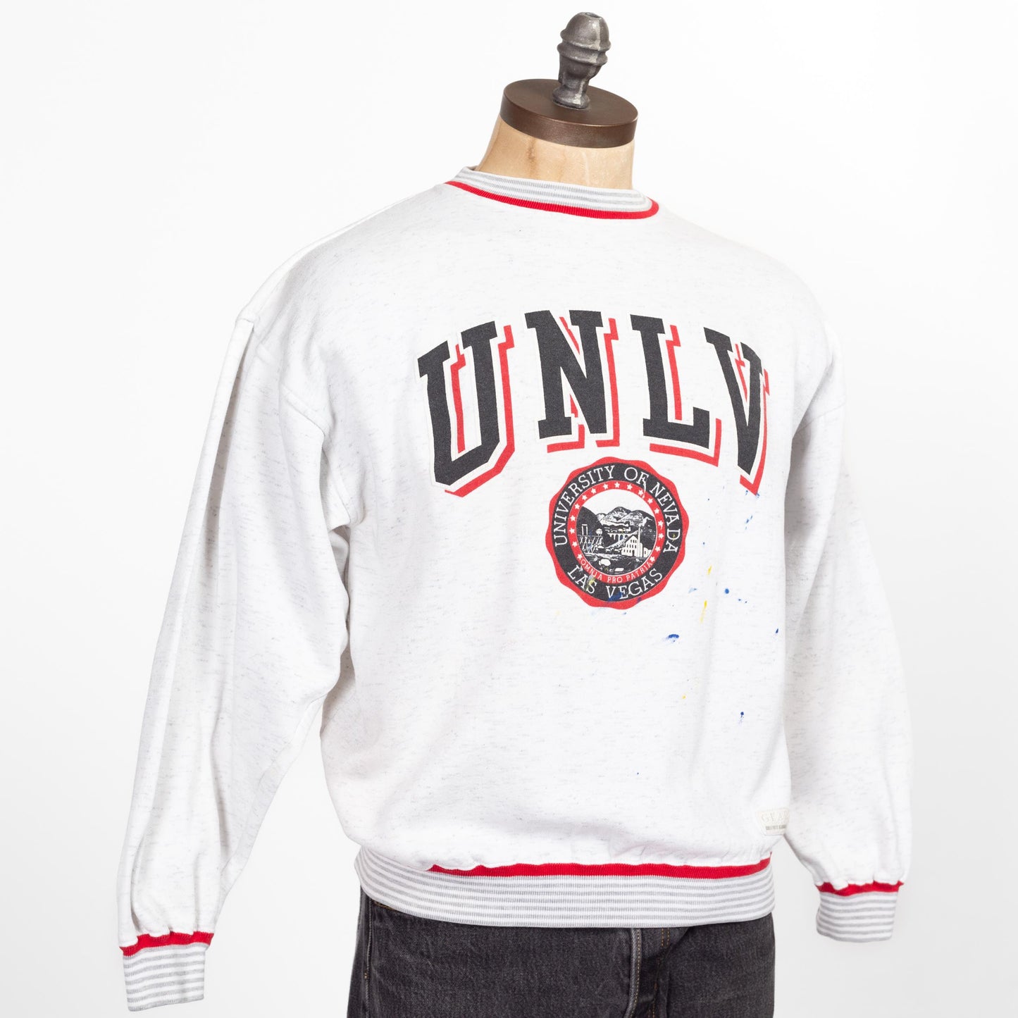 Medium 80s University Of Nevada Las Vegas Ringer Sweatshirt | Vintage Paint Splattered Collegiate Graphic Crewneck Sweater