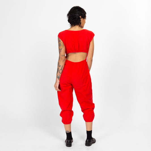 Small 80s Red Cotton Keyhole Back Capri Jumpsuit | Vintage Short Sleeve Scoop Neck Pantsuit