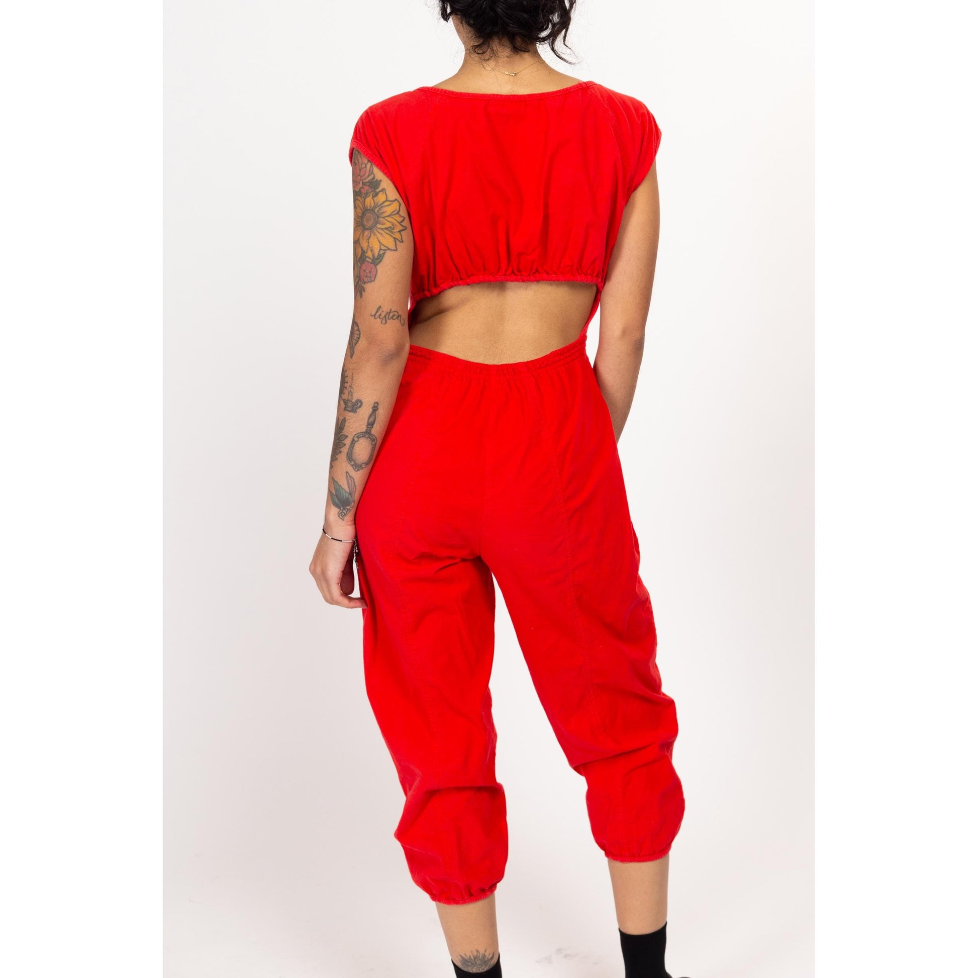 Small 80s Red Cotton Keyhole Back Capri Jumpsuit | Vintage Short Sleeve Scoop Neck Pantsuit