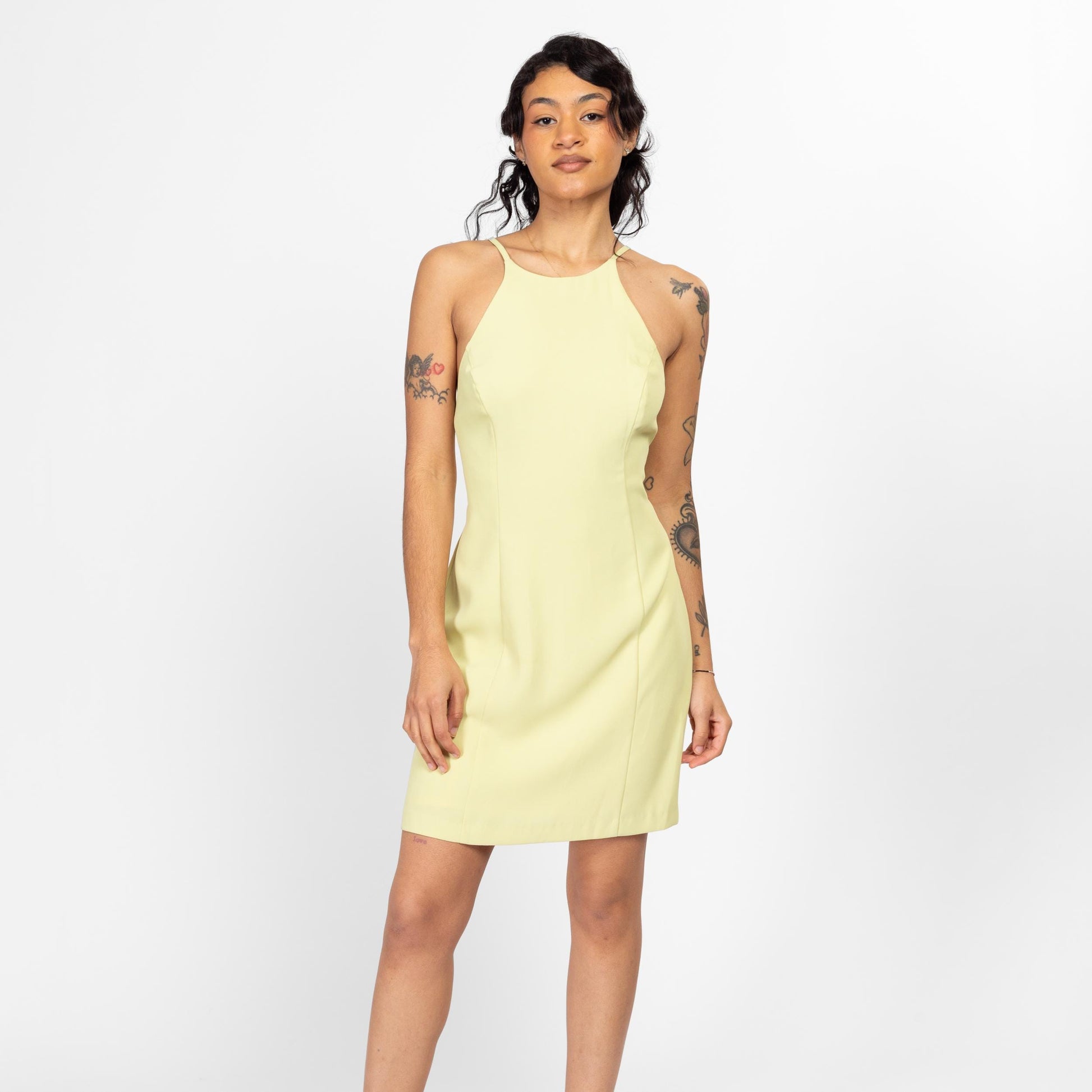 Medium 90s Chartreuse Keyhole Back Mini Party Dress | Vintage A Line Sleeveless Cocktail Dress