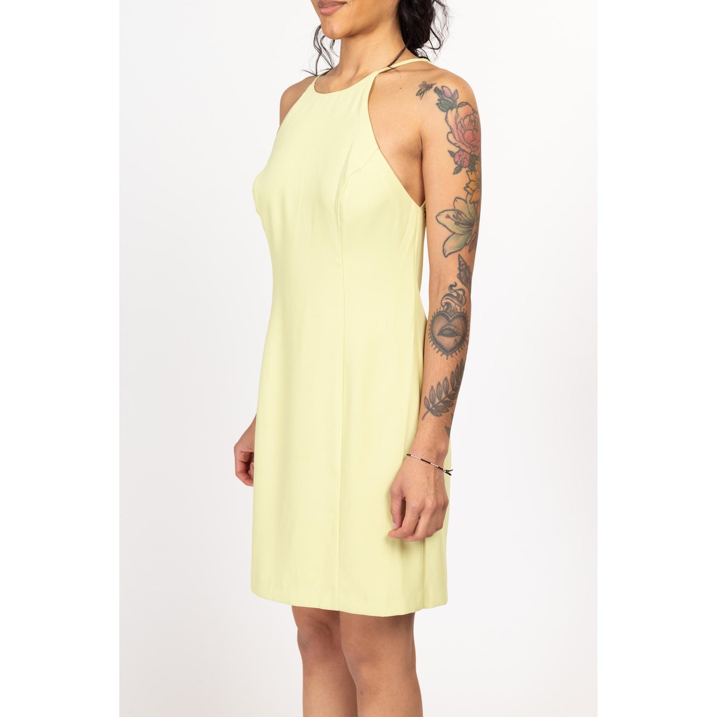 Medium 90s Chartreuse Keyhole Back Mini Party Dress | Vintage A Line Sleeveless Cocktail Dress