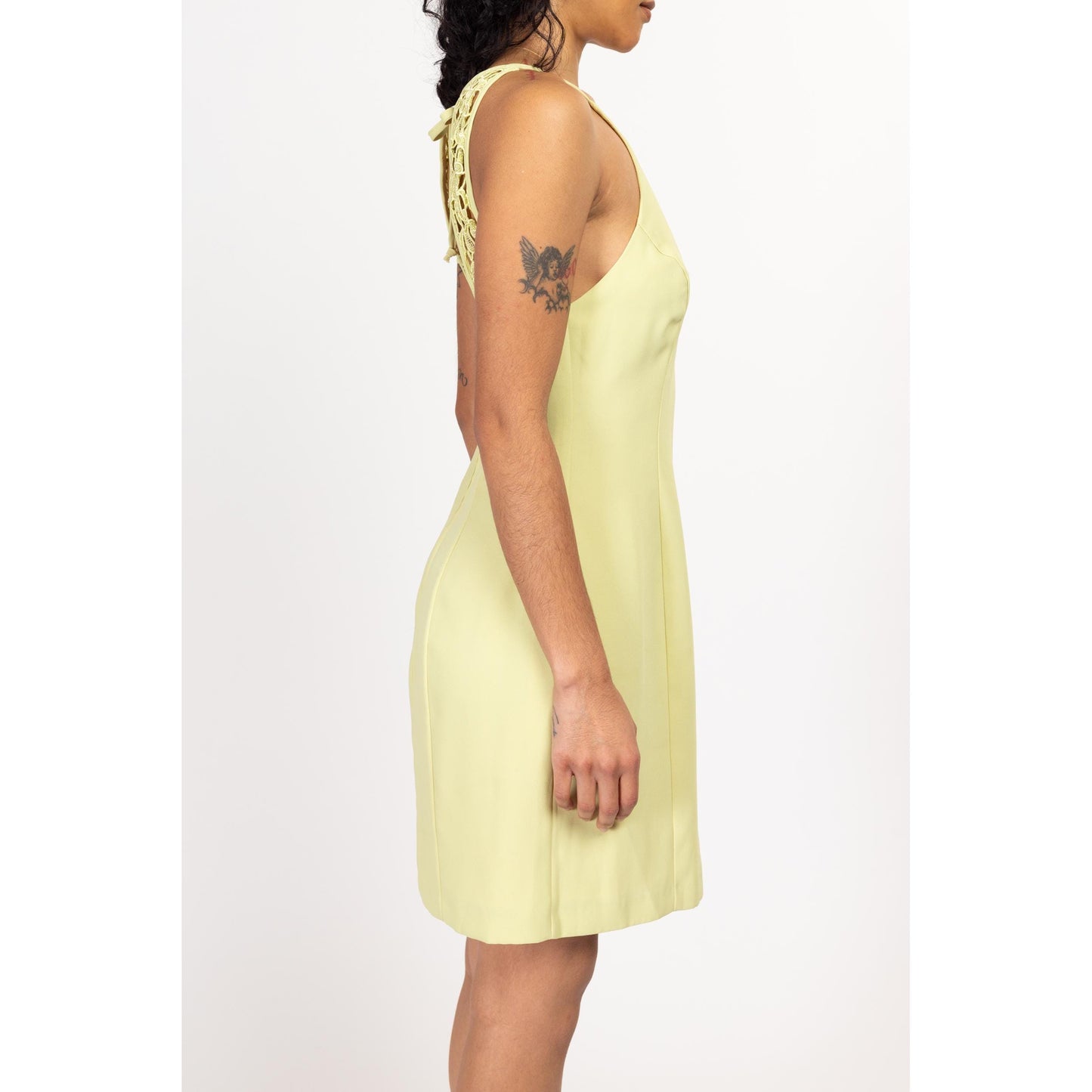 Medium 90s Chartreuse Keyhole Back Mini Party Dress | Vintage A Line Sleeveless Cocktail Dress