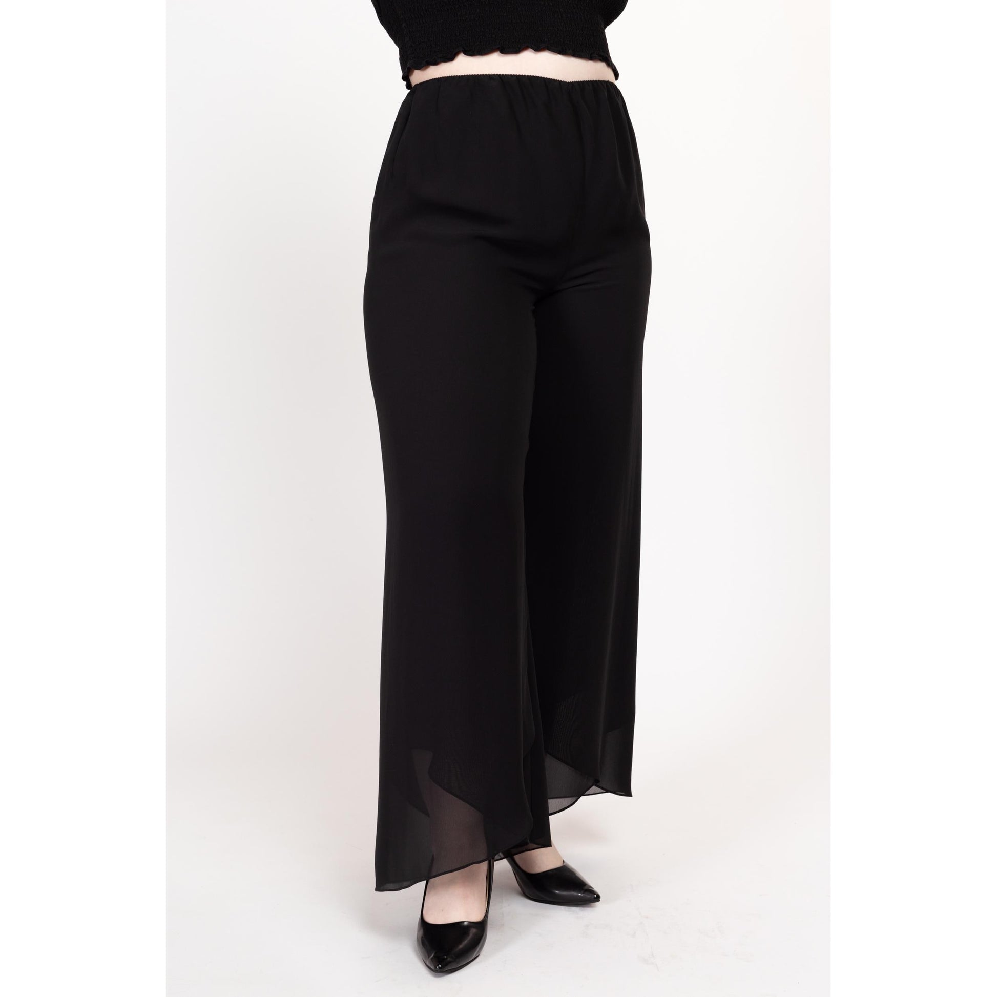 Large 90s Black Chiffon Flowy Wide Leg Pants 28"-32" | Vintage Minimalist Sheer Layered High Waisted Trousers