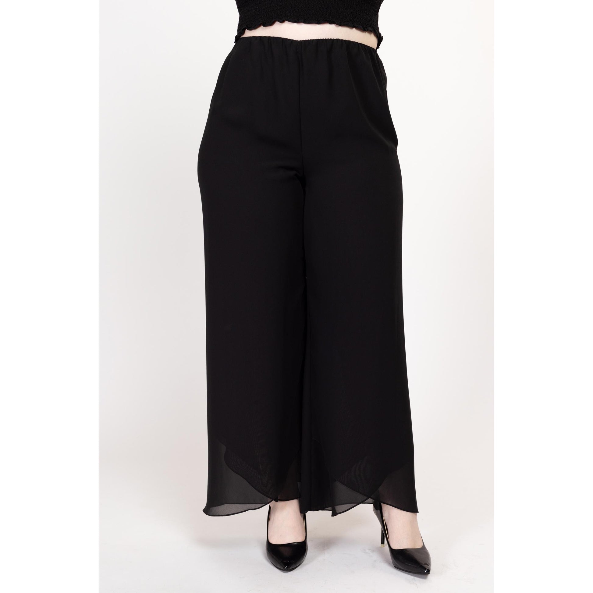 Large 90s Black Chiffon Flowy Wide Leg Pants 28"-32" | Vintage Minimalist Sheer Layered High Waisted Trousers