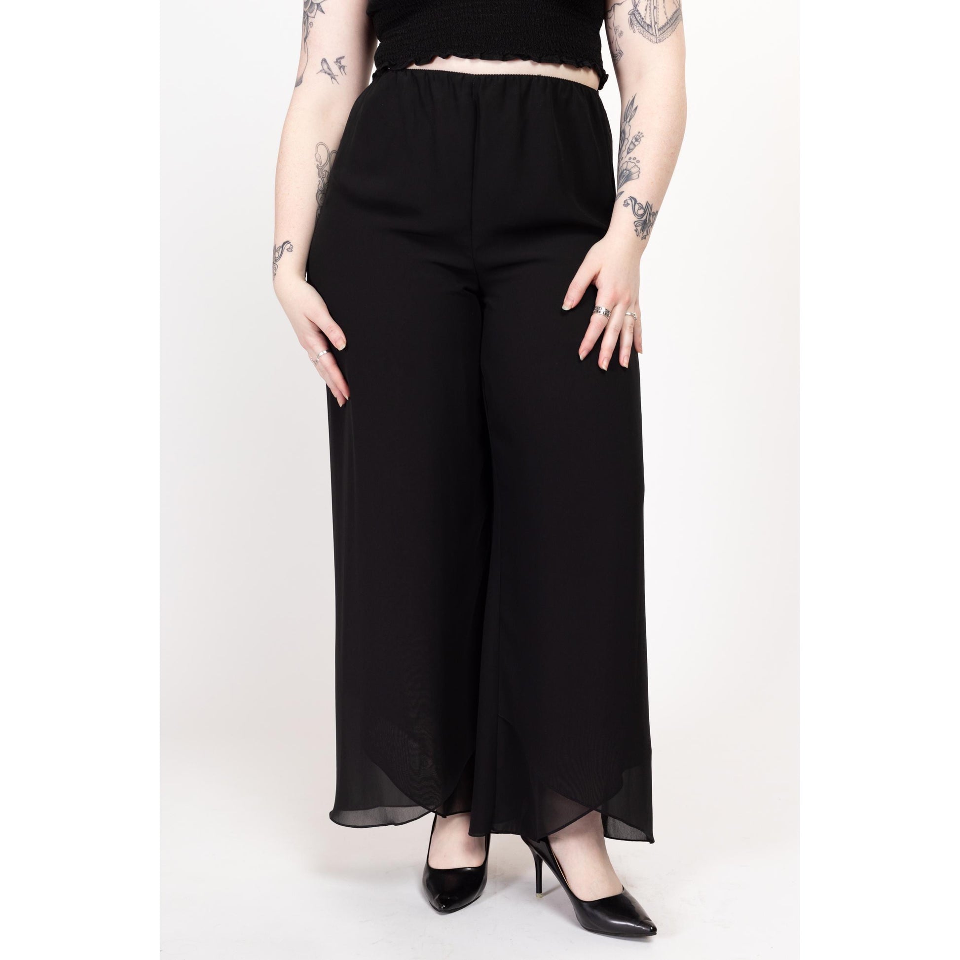 Large 90s Black Chiffon Flowy Wide Leg Pants 28"-32" | Vintage Minimalist Sheer Layered High Waisted Trousers