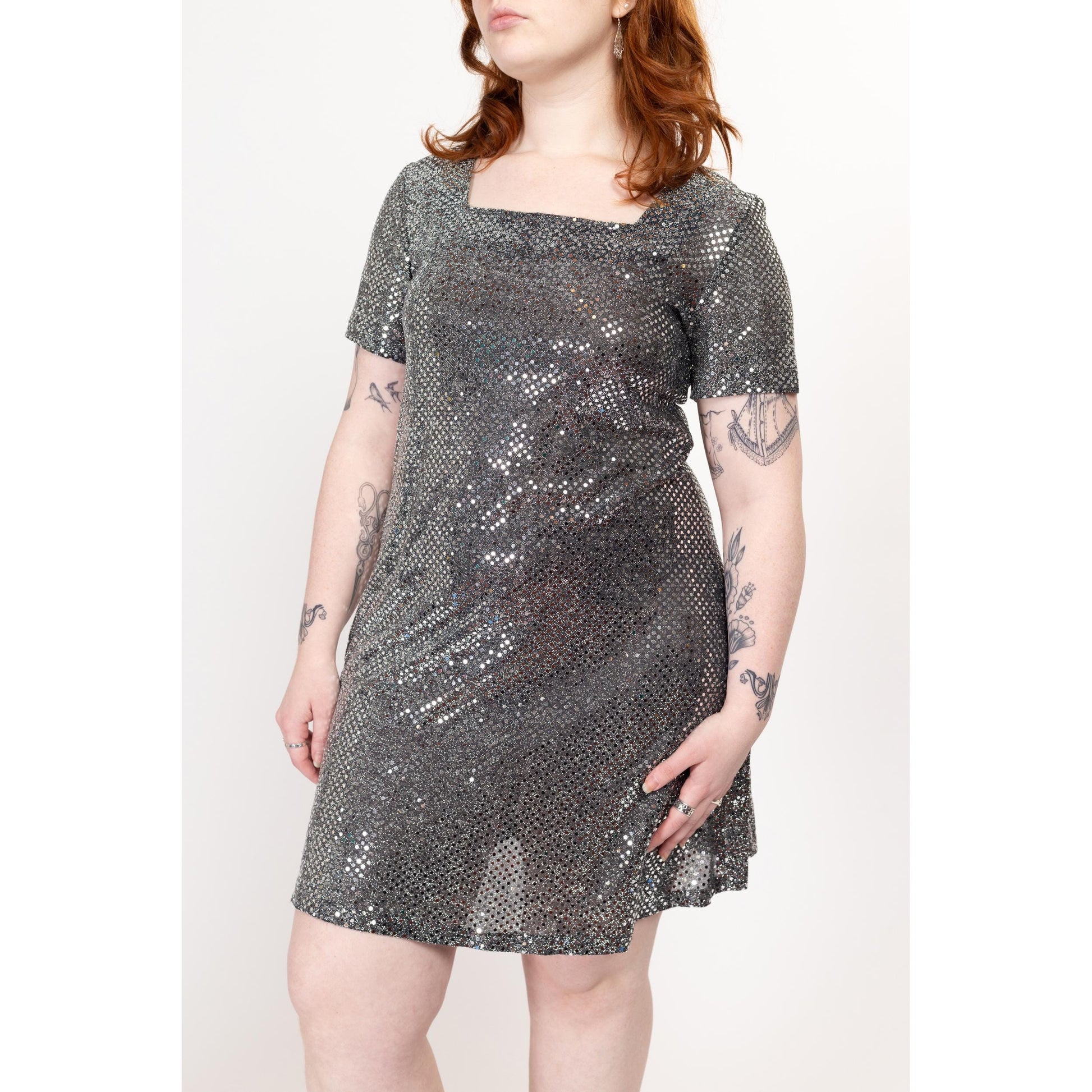 Large 90s Silver Mirror Ball Mini Party Dress | Vintage Short Sleeve Square Neck Disco Club Dress