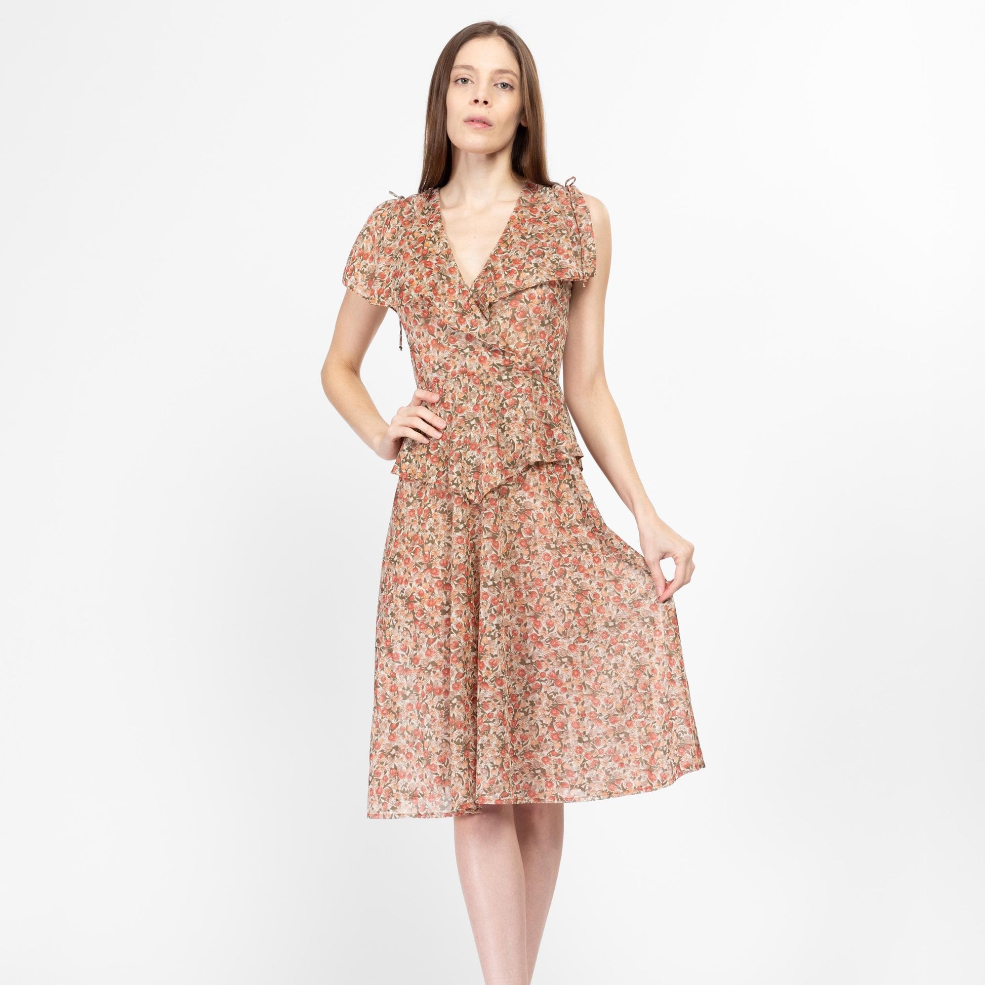 XS 70s Does 30s Sheer Floral Peplum Midi Dress | Boho Vintage Flutter Sleeve Ruffle Collar Dress