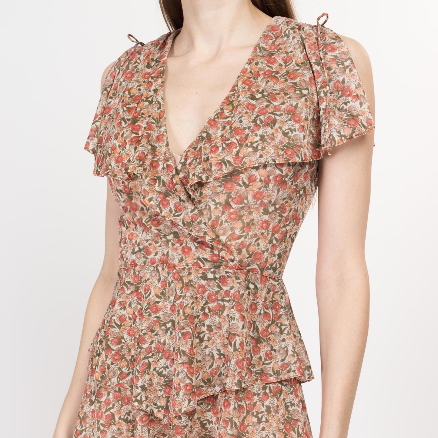 XS 70s Does 30s Sheer Floral Peplum Midi Dress | Boho Vintage Flutter Sleeve Ruffle Collar Dress