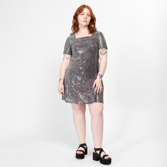 Large 90s Silver Mirror Ball Mini Party Dress | Vintage Short Sleeve Square Neck Disco Club Dress