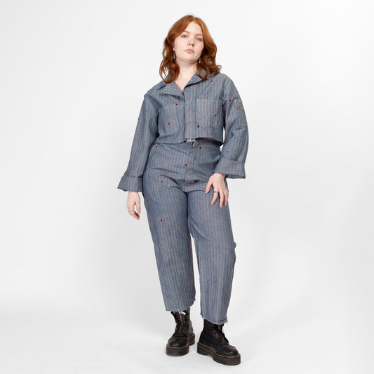 Lrg-XL Y2K Herringbone Workwear Sequin Coverall Jacket & Pants Set | Vintage Blue Cotton Mechanics Boiler Suit Uniform Outfit