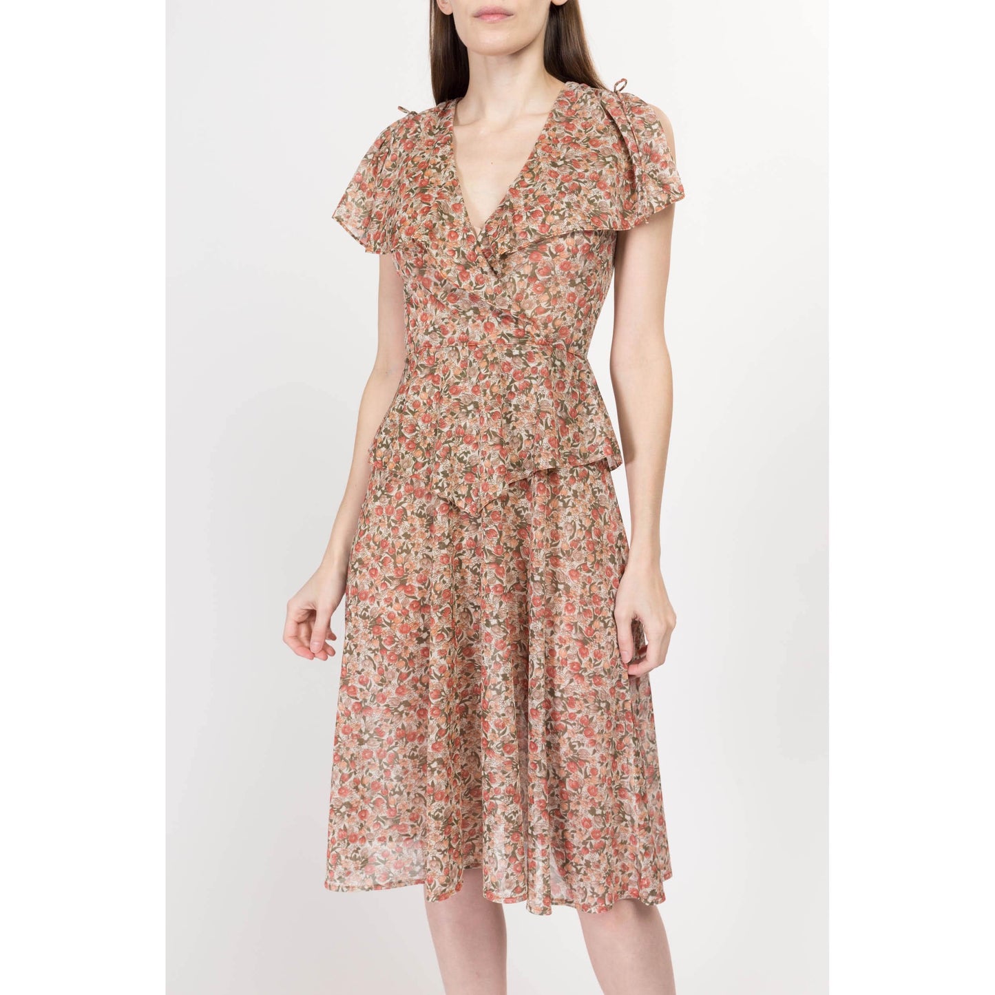 XS 70s Does 30s Sheer Floral Peplum Midi Dress | Boho Vintage Flutter Sleeve Ruffle Collar Dress