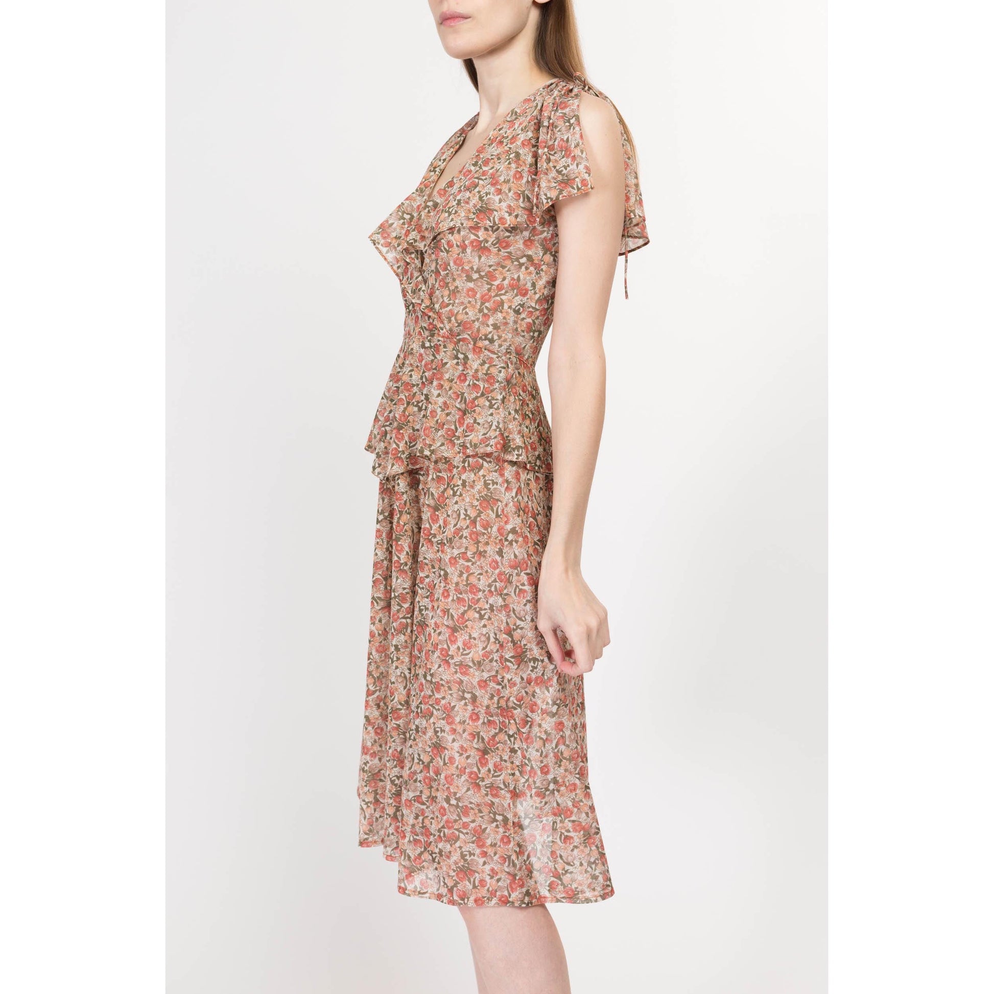 XS 70s Does 30s Sheer Floral Peplum Midi Dress | Boho Vintage Flutter Sleeve Ruffle Collar Dress