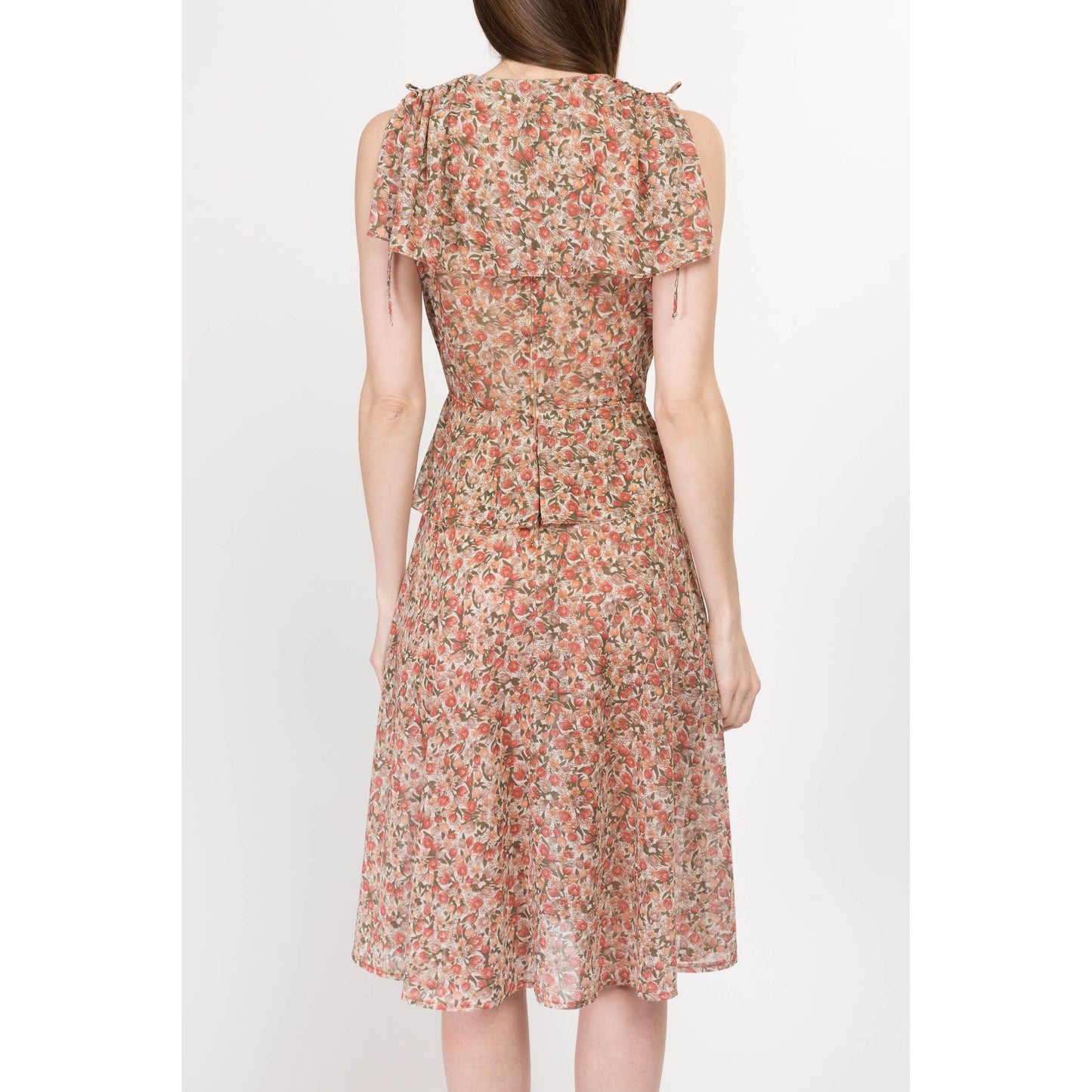 XS 70s Does 30s Sheer Floral Peplum Midi Dress | Boho Vintage Flutter Sleeve Ruffle Collar Dress