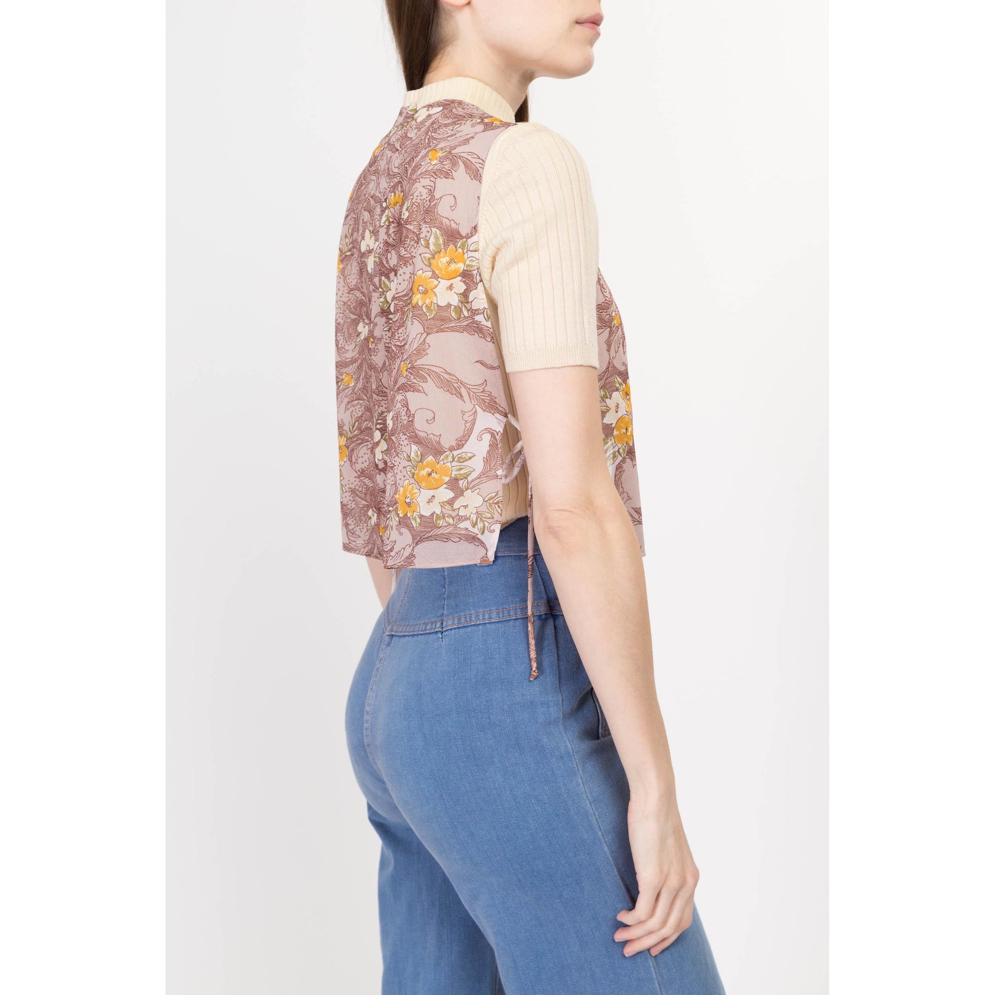 Sm-Med 70s Sheer Mauve Floral Crop Top | Vintage Boho Sleeveless Side Tie Open Front Cropped Blouse